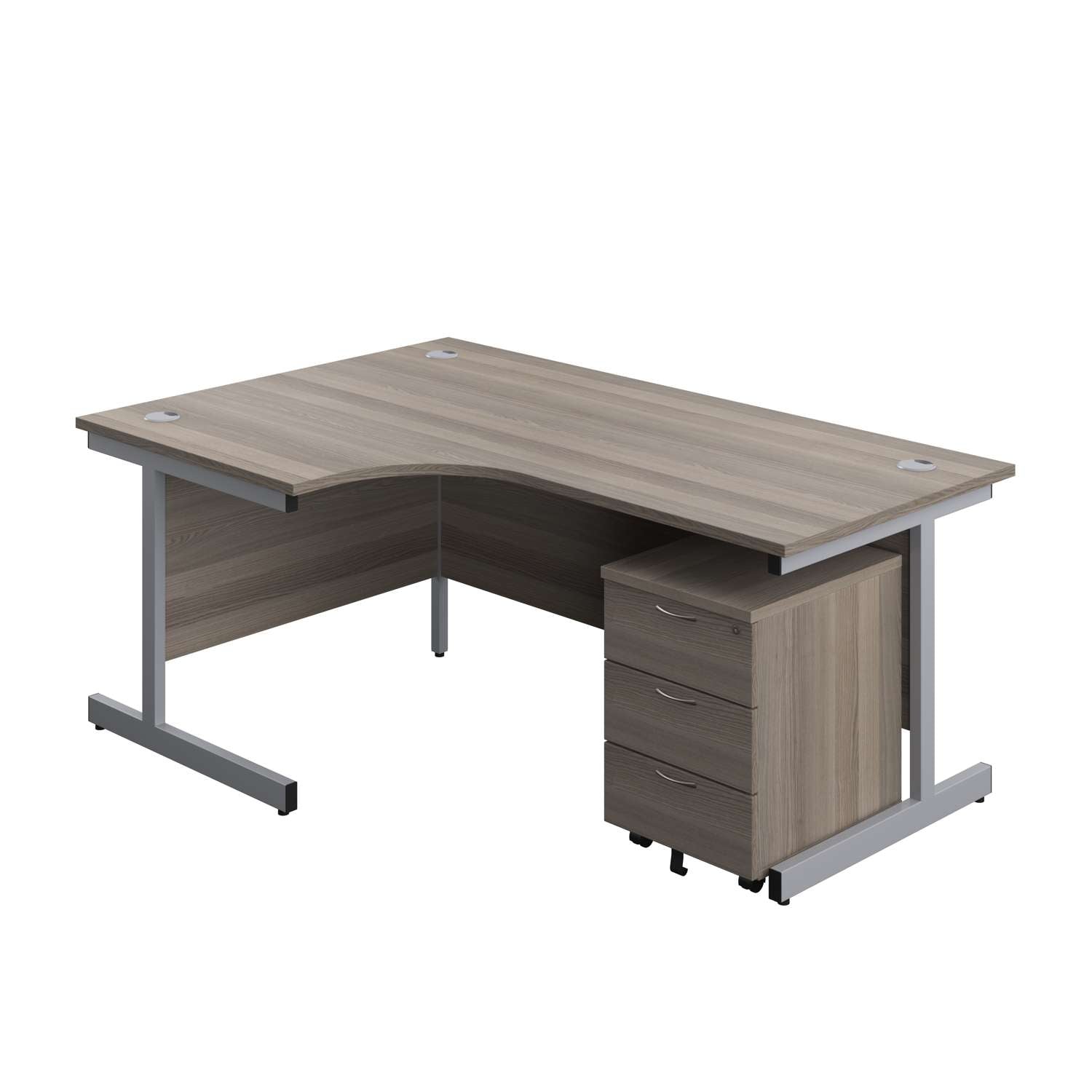 Single Upright Left Hand Radial Desk + Mobile 3 Drawer Pedestal (FSC) | 1800 X 1200 | Grey Oak/Silver