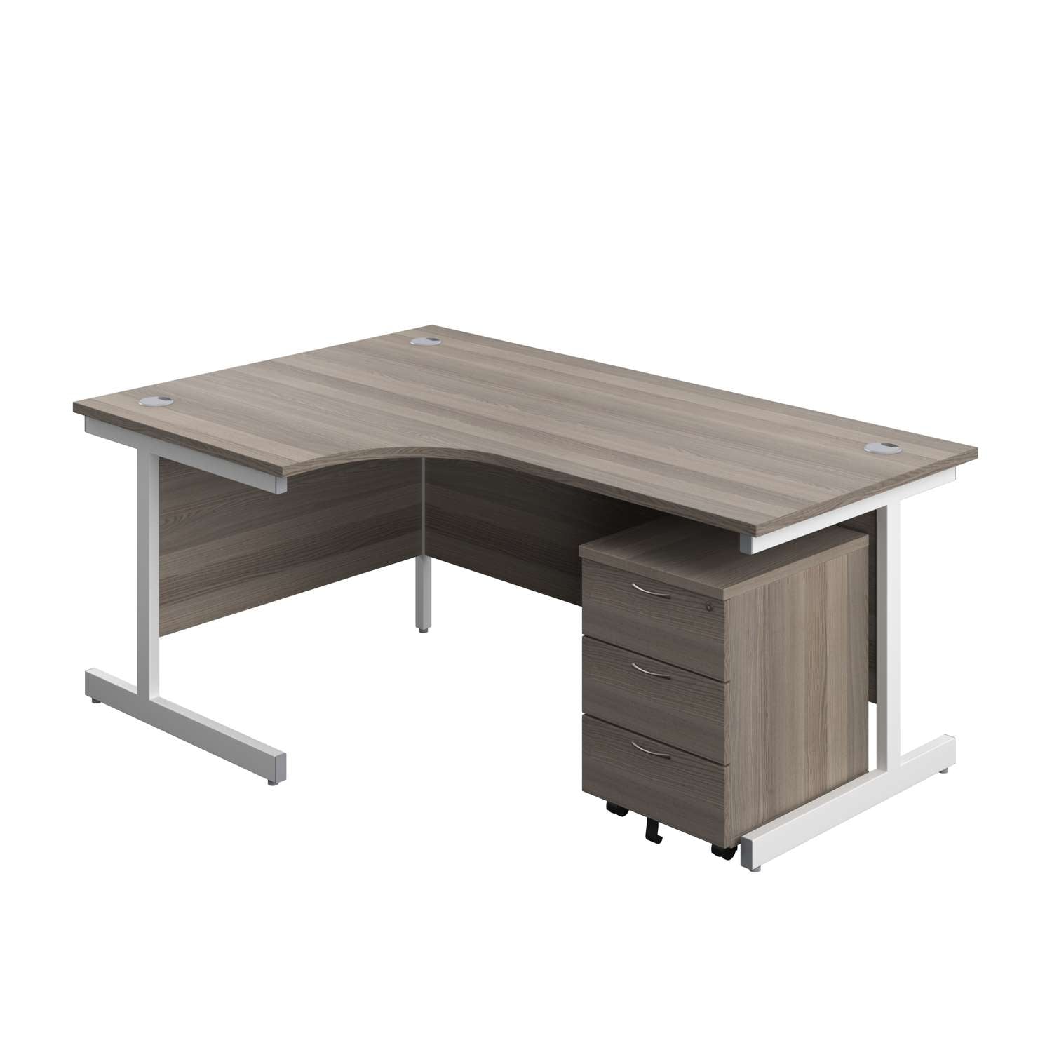 Single Upright Left Hand Radial Desk + Mobile 3 Drawer Pedestal (FSC) | 1800 X 1200 | Grey Oak/White