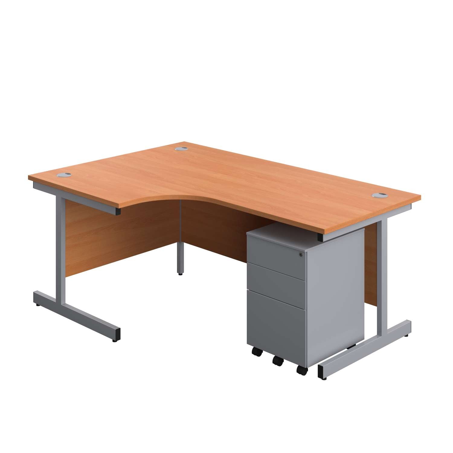 Single Upright Left Hand Radial Desk + Under Desk Steel Pedestal 3 Drawers (FSC) | 1800 X 1200 | Beech/Silver