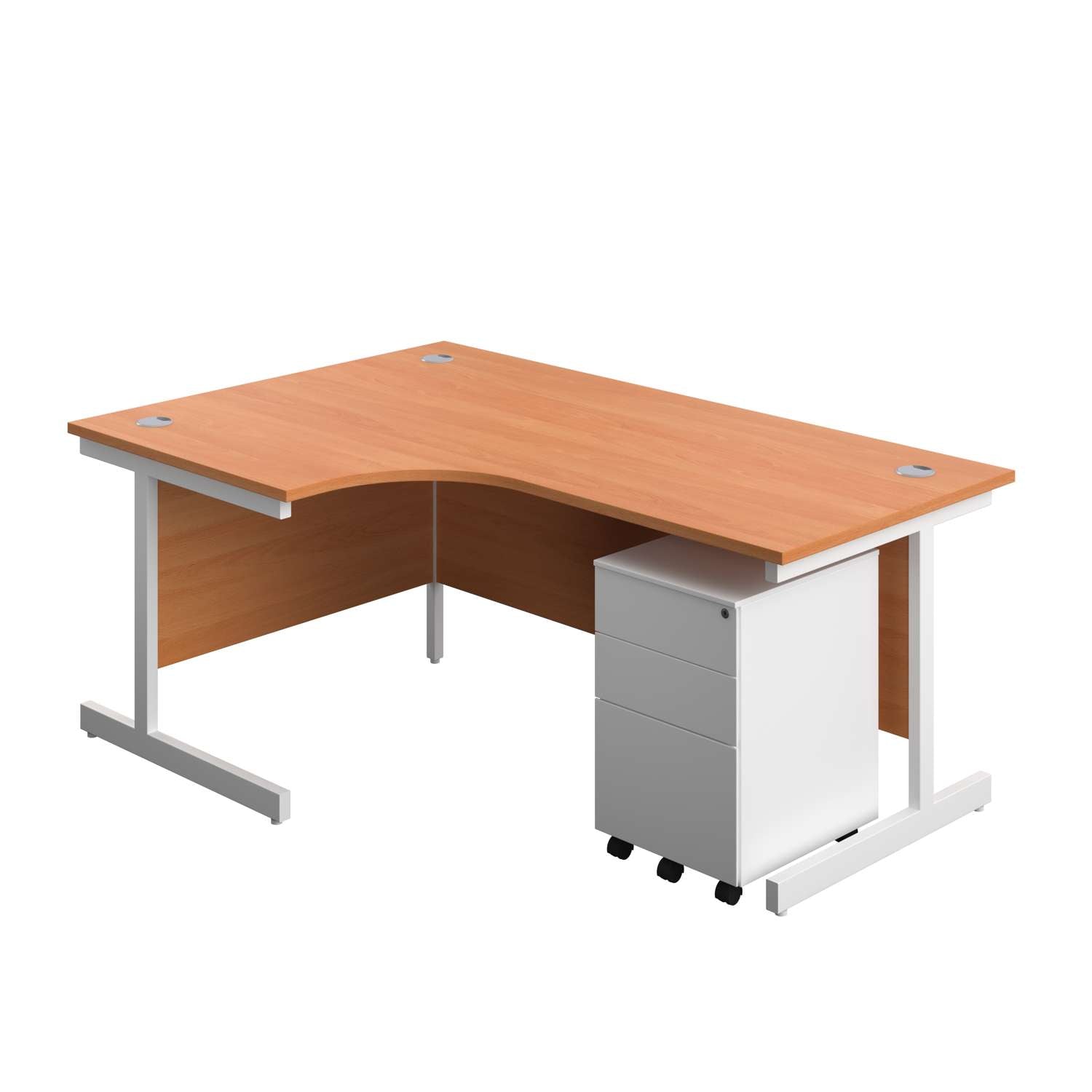 Single Upright Left Hand Radial Desk + Under Desk Steel Pedestal 3 Drawers (FSC) | 1800 X 1200 | Beech/White