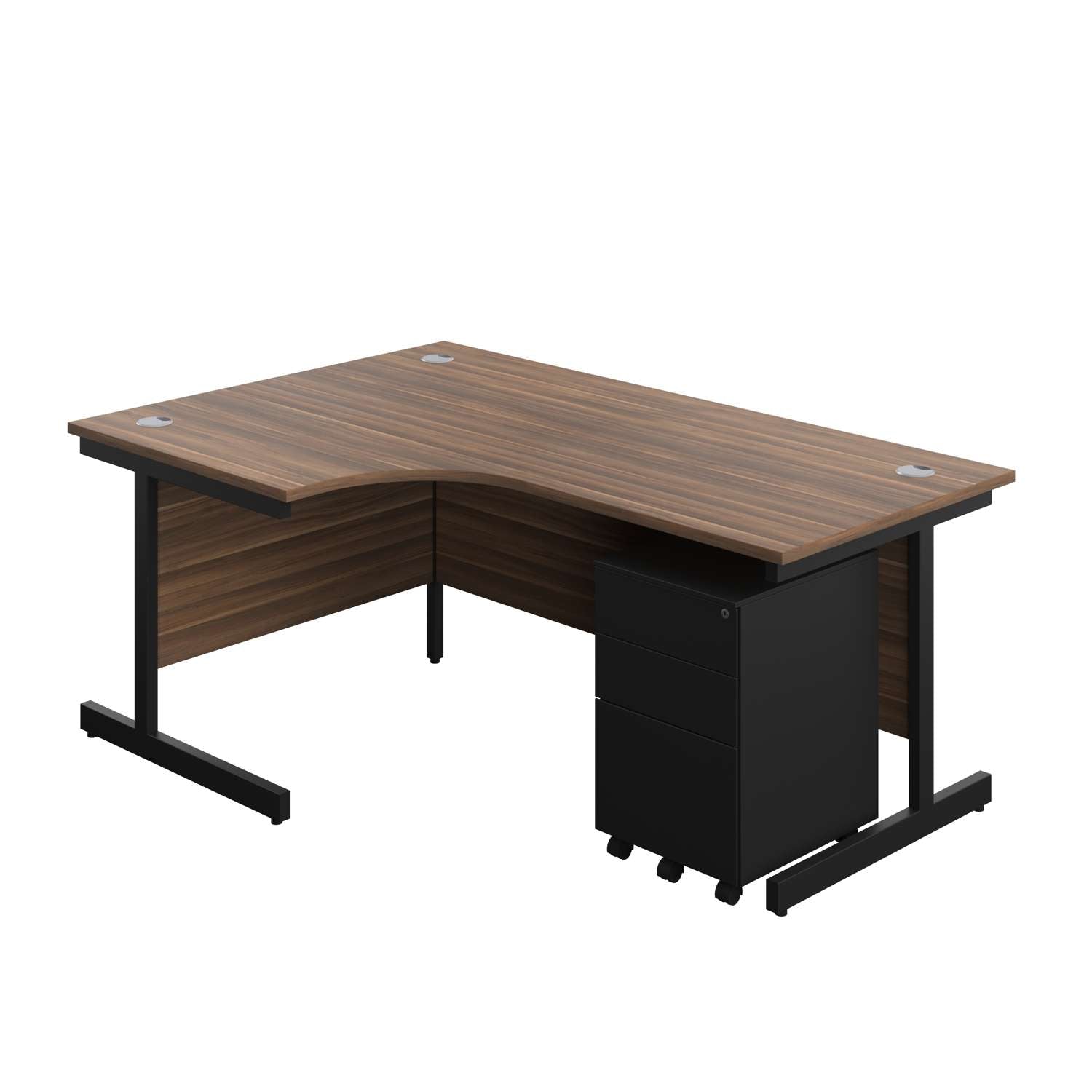 Single Upright Left Hand Radial Desk + Under Desk Steel Pedestal 3 Drawers (FSC) | 1800 X 1200 | Dark Walnut/Black