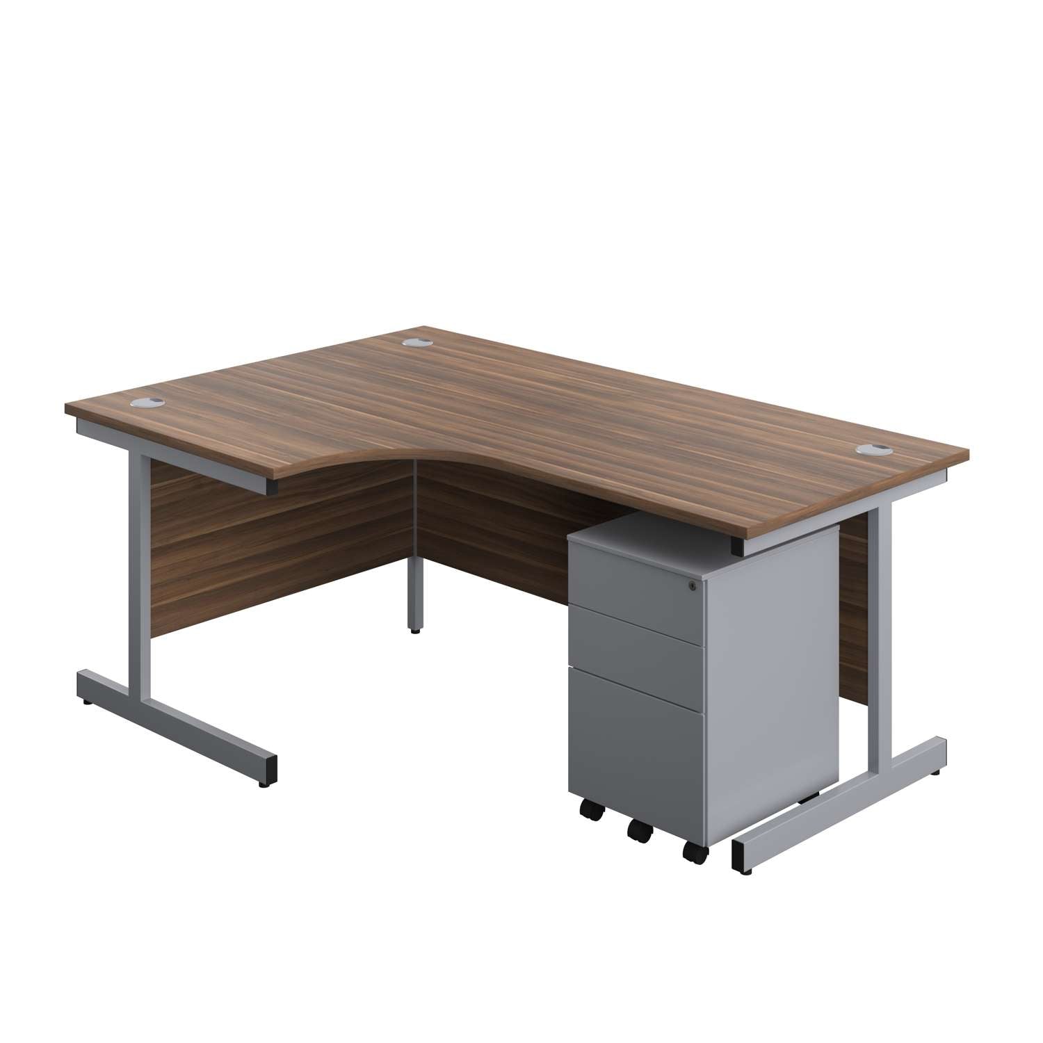 Single Upright Left Hand Radial Desk + Under Desk Steel Pedestal 3 Drawers (FSC) | 1800 X 1200 | Dark Walnut/Silver
