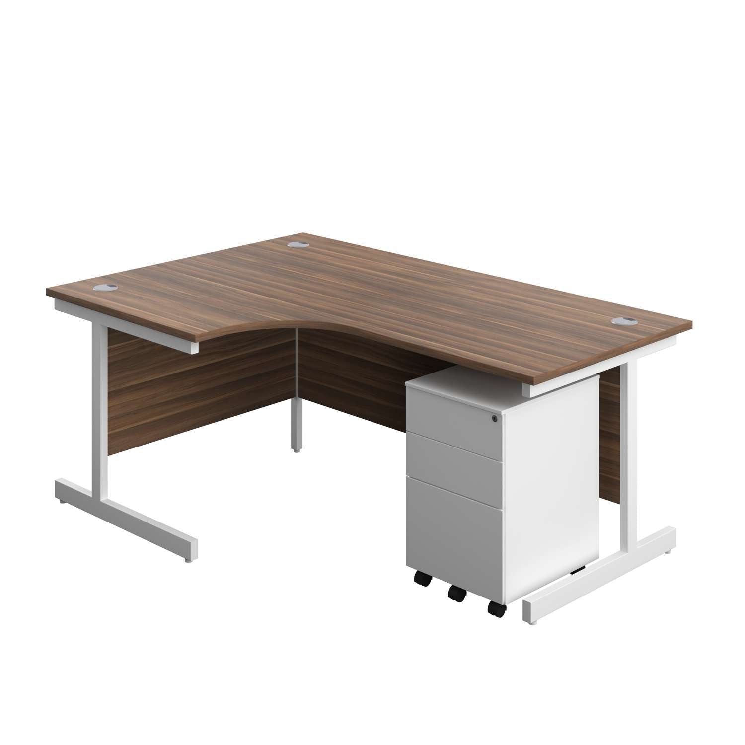 Single Upright Left Hand Radial Desk + Under Desk Steel Pedestal 3 Drawers (FSC) | 1800 X 1200 | Dark Walnut/White