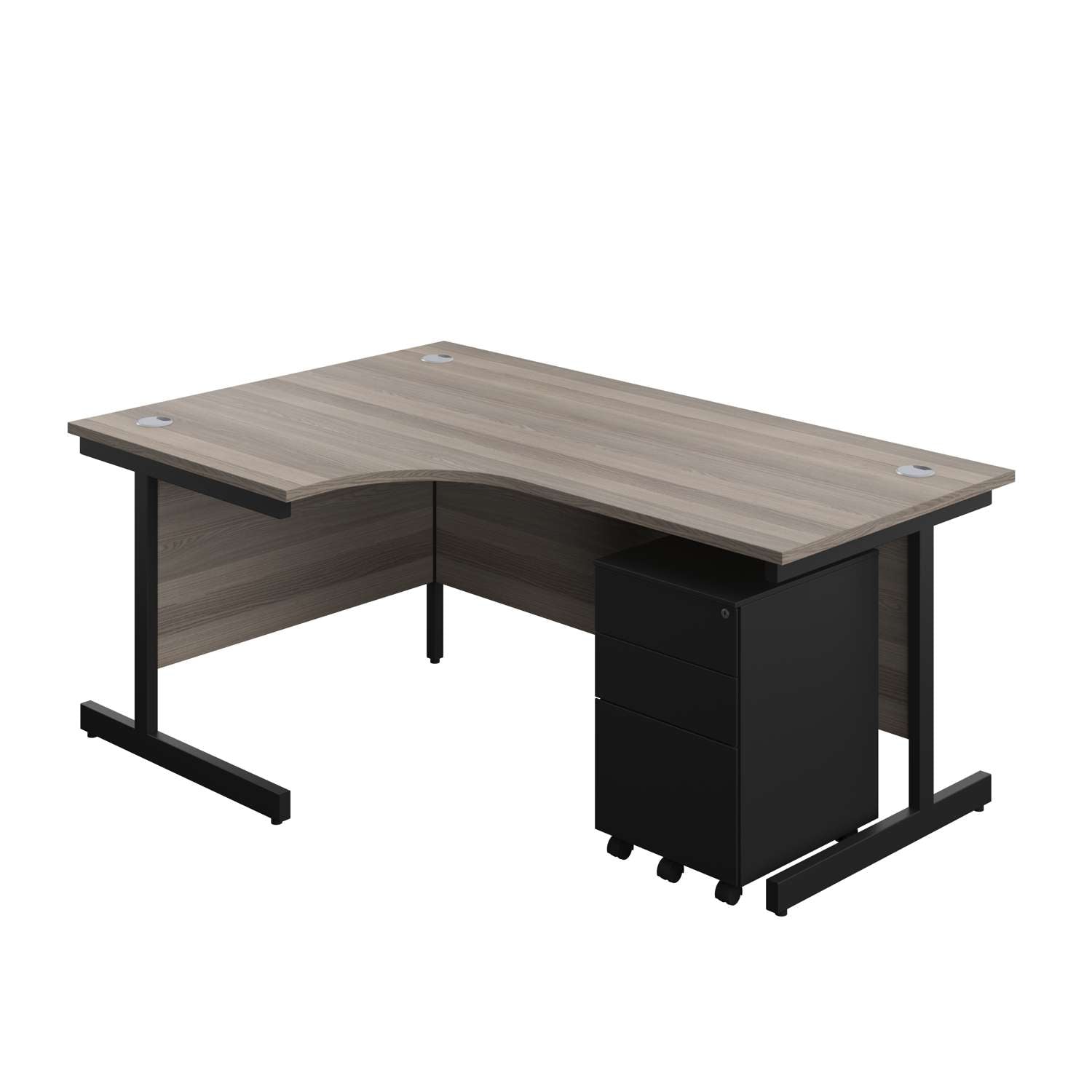 Single Upright Left Hand Radial Desk + Under Desk Steel Pedestal 3 Drawers (FSC) | 1800 X 1200 | Grey Oak/Black