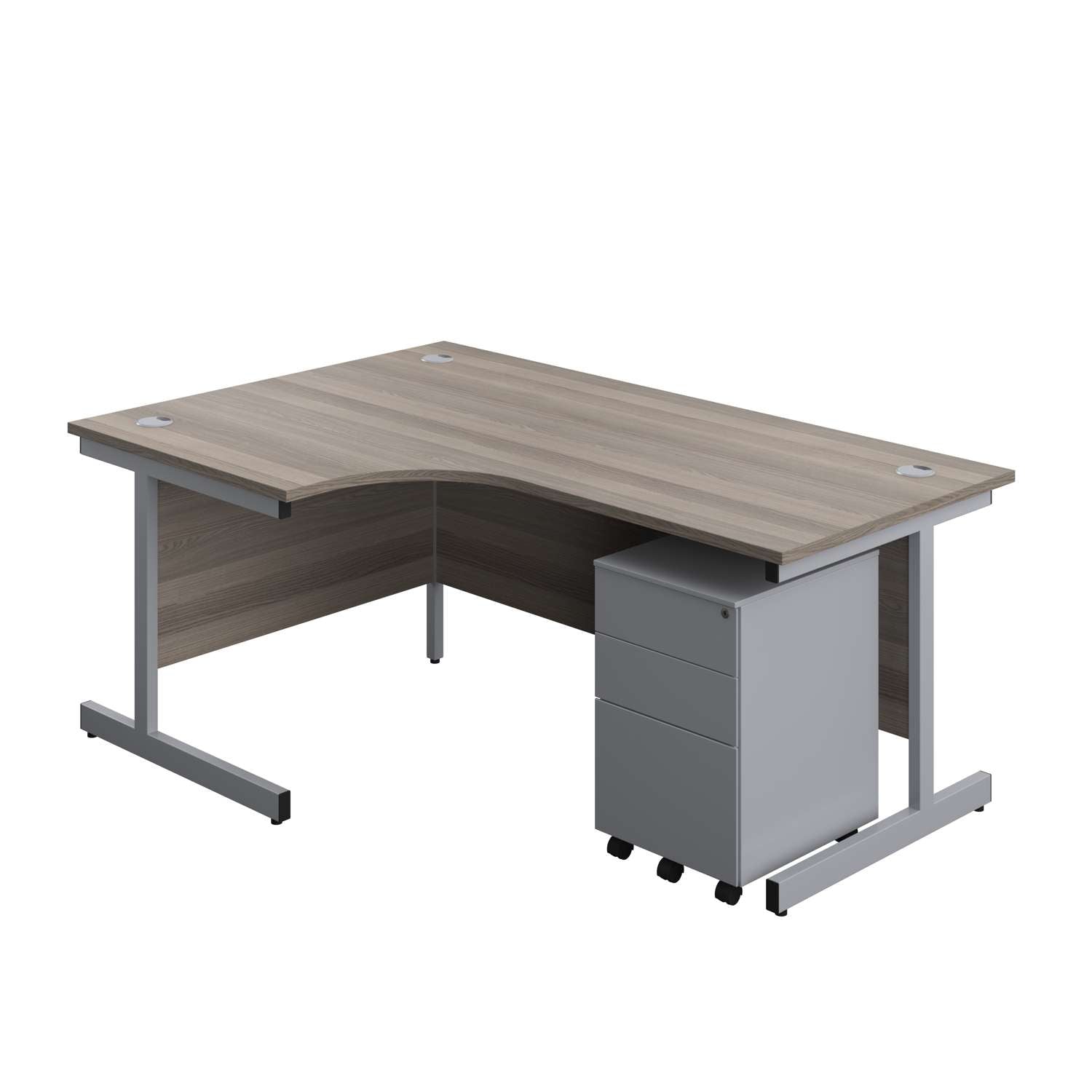 Single Upright Left Hand Radial Desk + Under Desk Steel Pedestal 3 Drawers (FSC) | 1800 X 1200 | Grey Oak/Silver