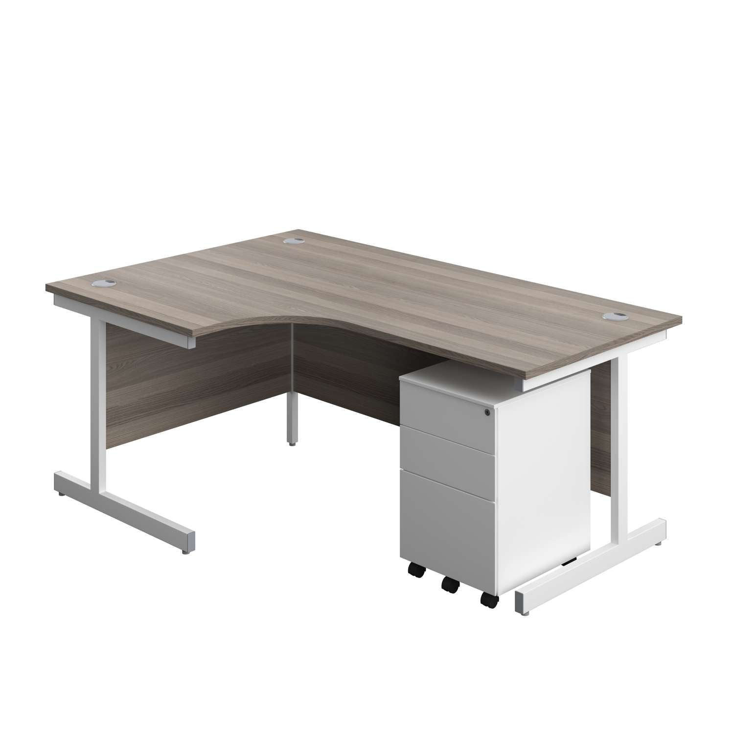 Single Upright Left Hand Radial Desk + Under Desk Steel Pedestal 3 Drawers (FSC) | 1800 X 1200 | Grey Oak/White