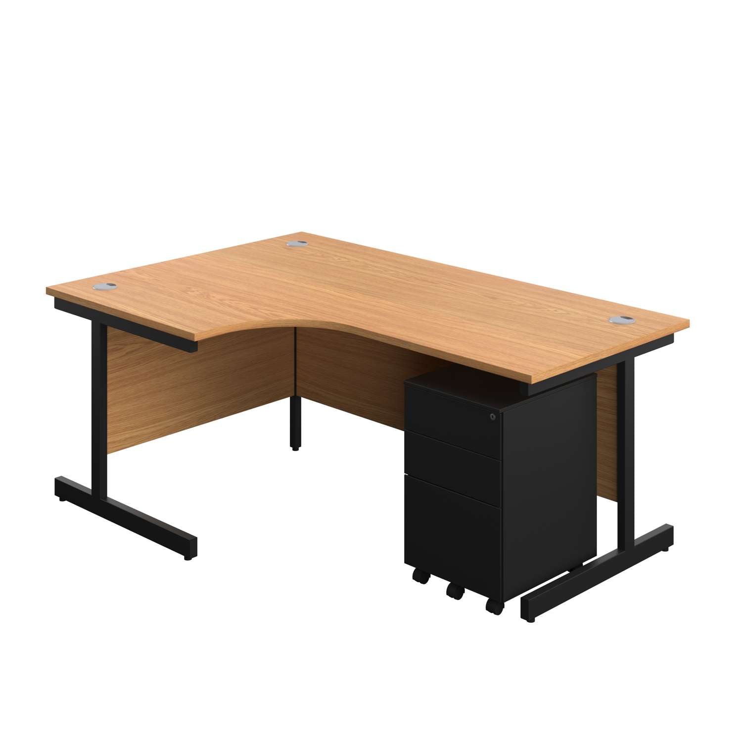 Single Upright Left Hand Radial Desk + Under Desk Steel Pedestal 3 Drawers (FSC) | 1800 X 1200 | Nova Oak/Black
