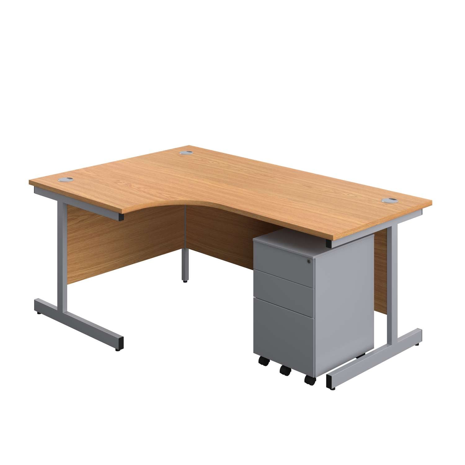 Single Upright Left Hand Radial Desk + Under Desk Steel Pedestal 3 Drawers (FSC) | 1800 X 1200 | Nova Oak/Silver