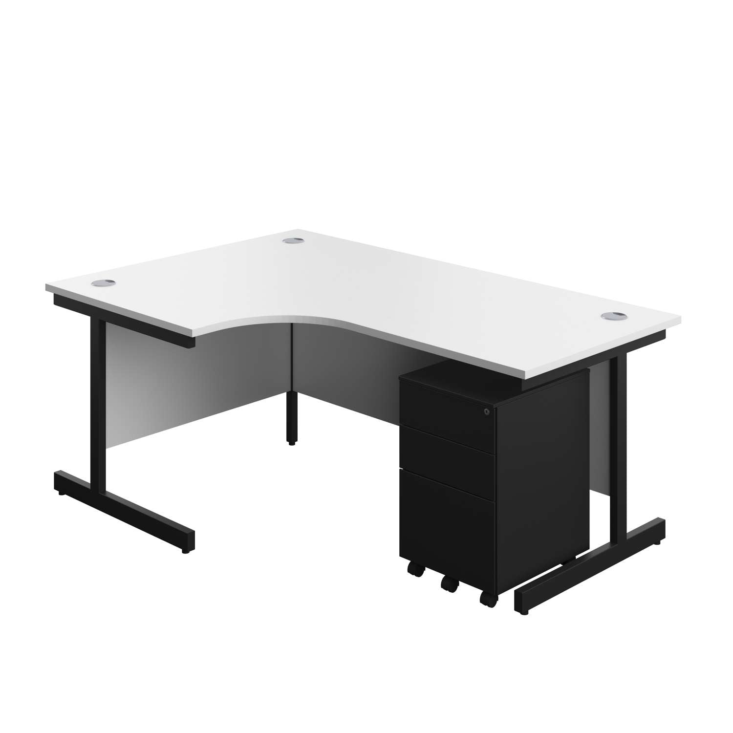 Single Upright Left Hand Radial Desk + Under Desk Steel Pedestal 3 Drawers (FSC) | 1800 X 1200 | White/Black