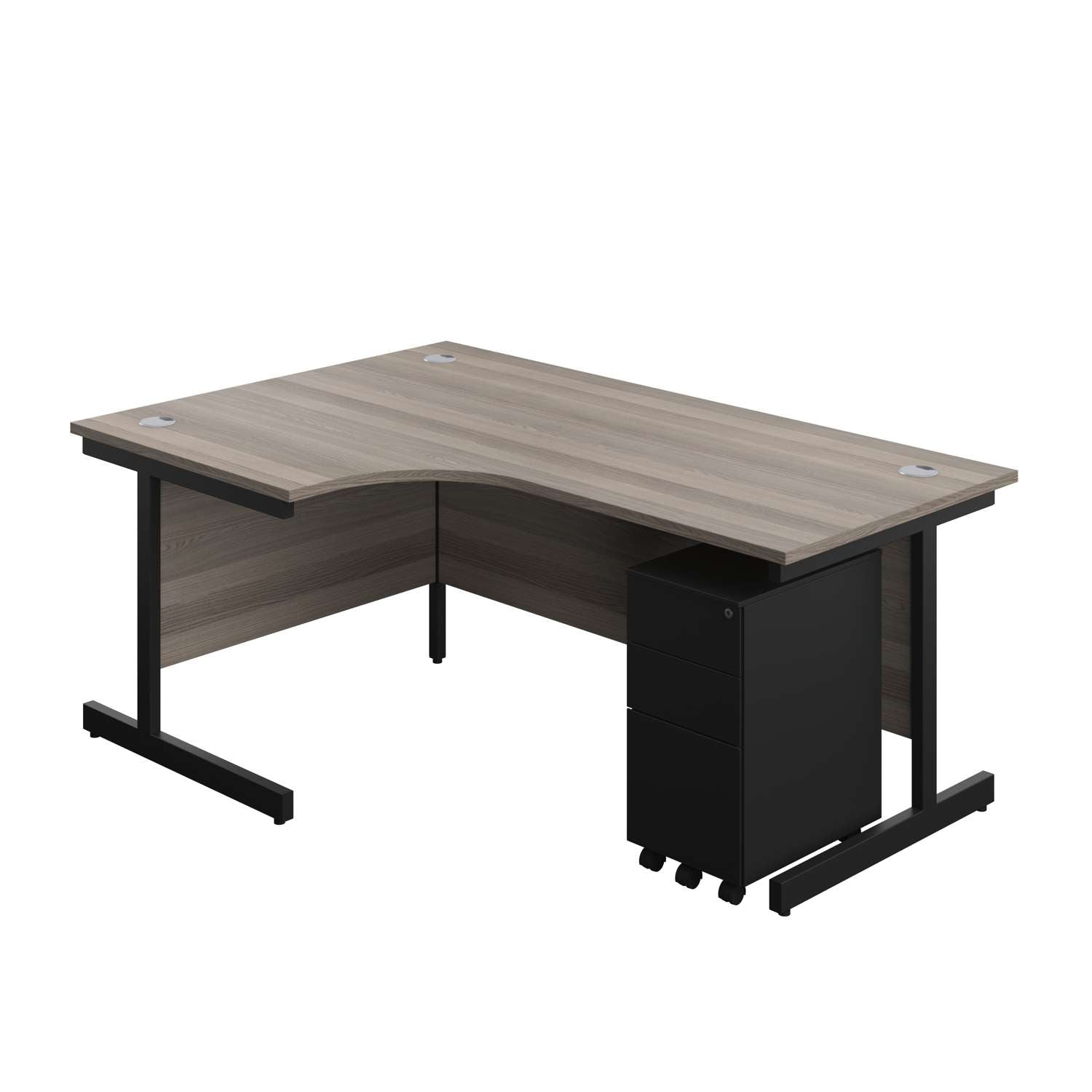 Single Upright Left Hand Radial Desk + Slimline Steel Pedestal 3 Drawers (FSC) | 1800 X 1200 | Grey Oak/Black