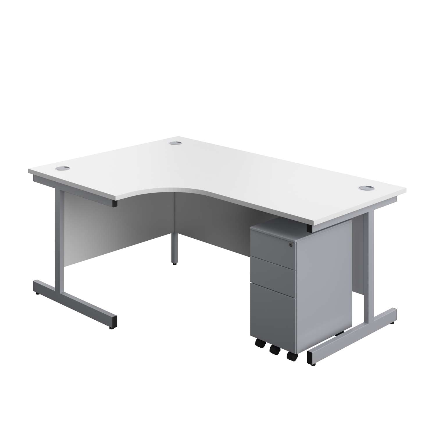 Single Upright Left Hand Radial Desk + Slimline Steel Pedestal 3 Drawers (FSC) | 1800 X 1200 | White/Silver
