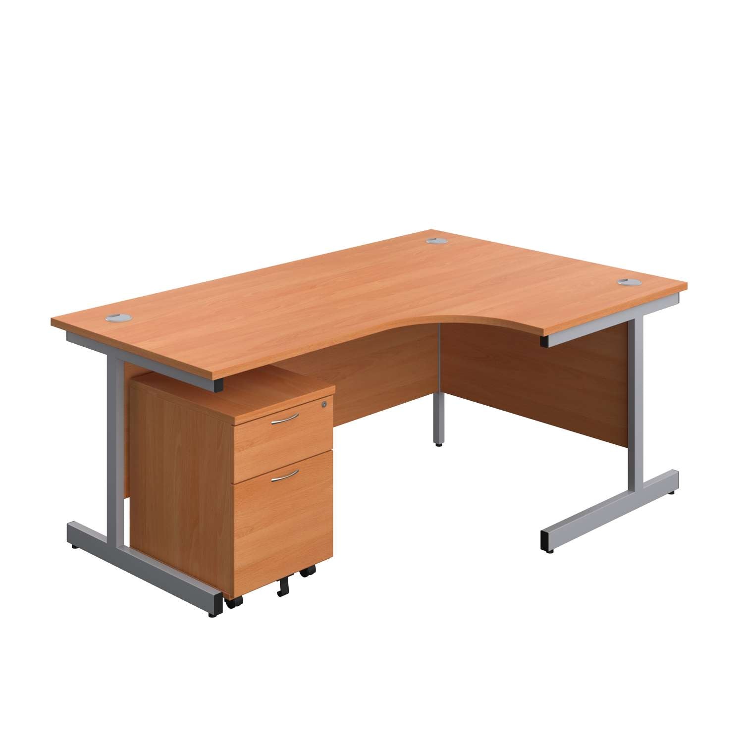 Single Upright Right Hand Radial Desk + Mobile 2 Drawer Pedestal (FSC) | 1800 X 1200 | Beech/Silver