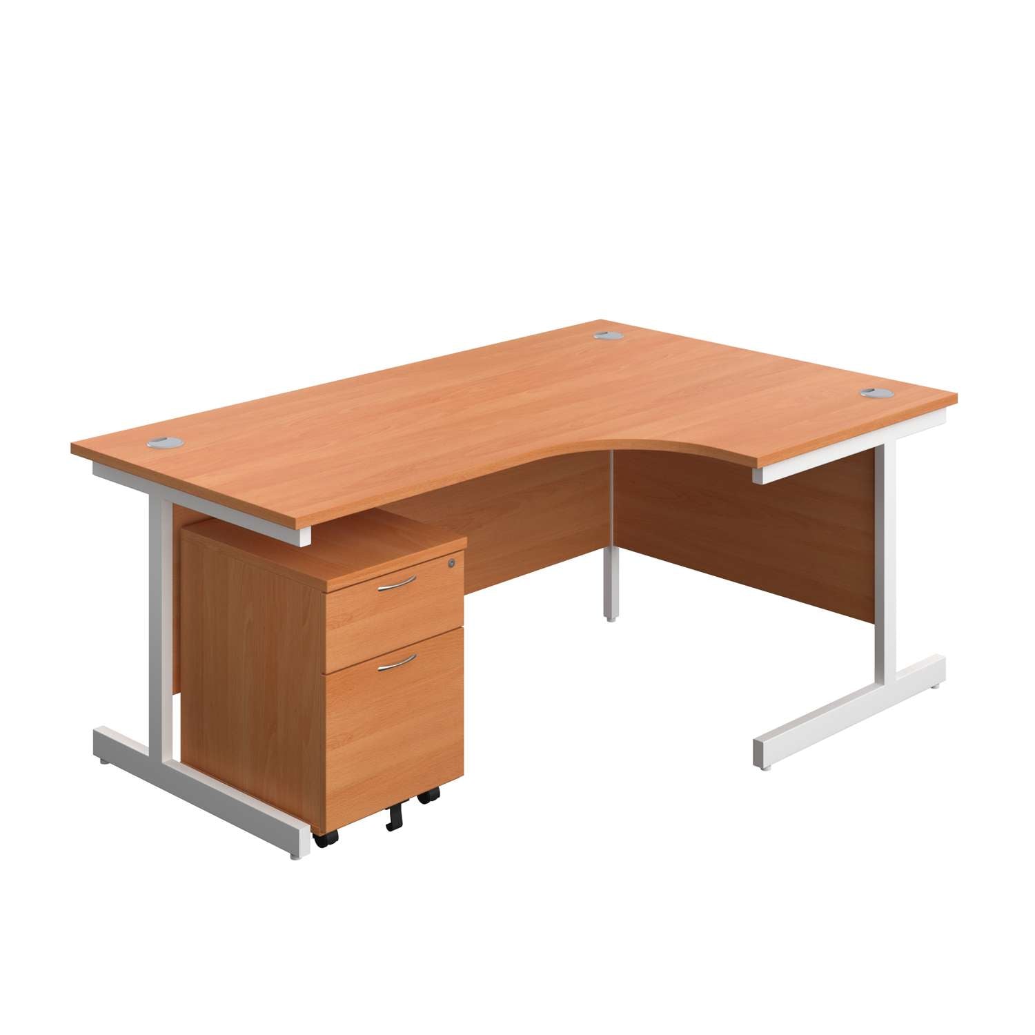 Single Upright Right Hand Radial Desk + Mobile 2 Drawer Pedestal (FSC) | 1800 X 1200 | Beech/White