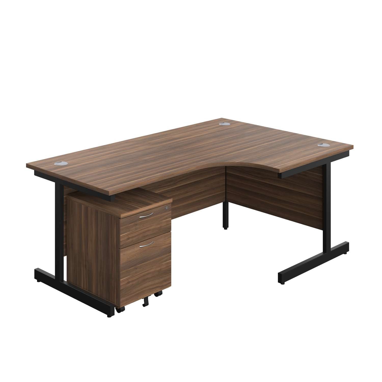 Single Upright Right Hand Radial Desk + Mobile 2 Drawer Pedestal (FSC) | 1800 X 1200 | Dark Walnut/Black