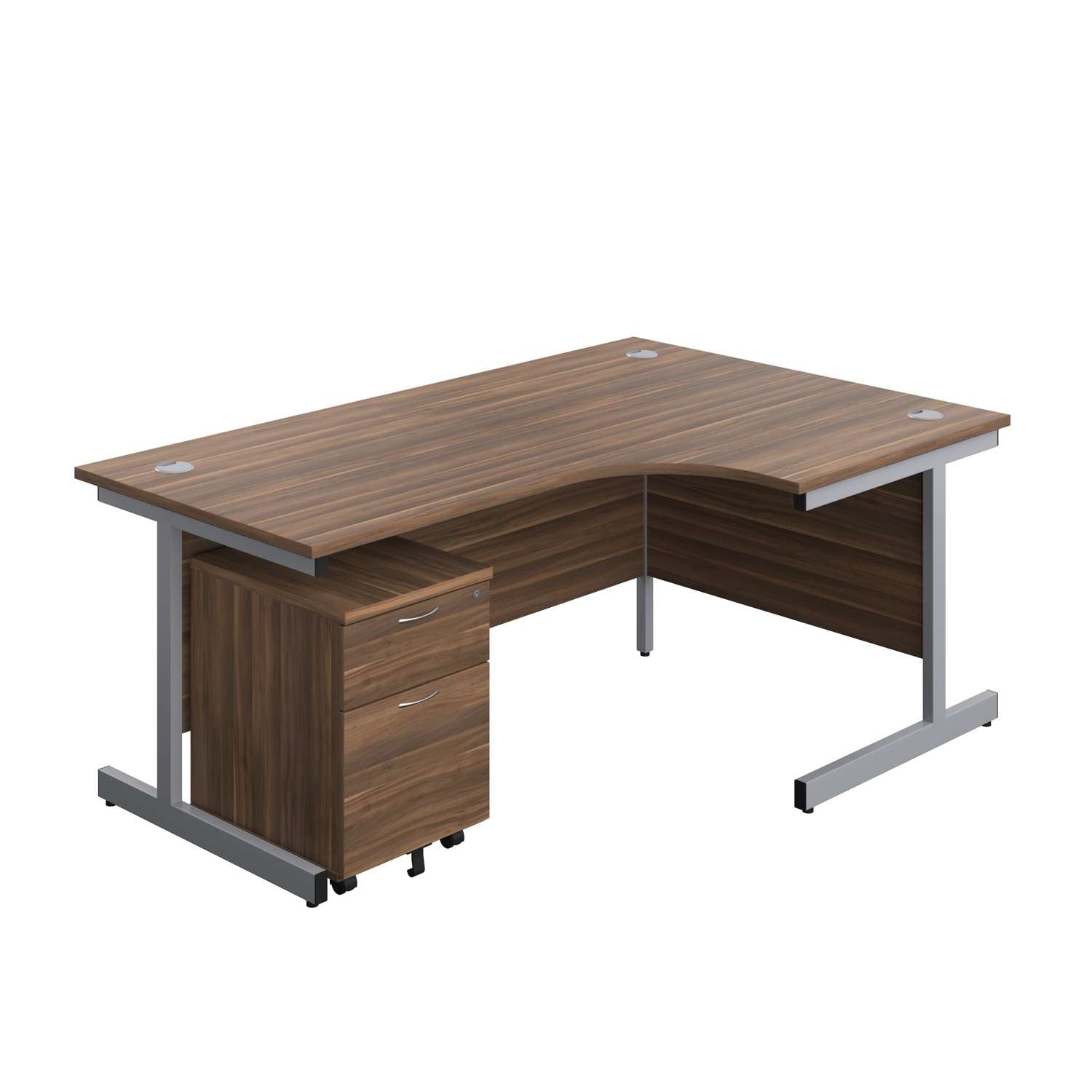 Single Upright Right Hand Radial Desk + Mobile 2 Drawer Pedestal (FSC) | 1800 X 1200 | Dark Walnut/Silver