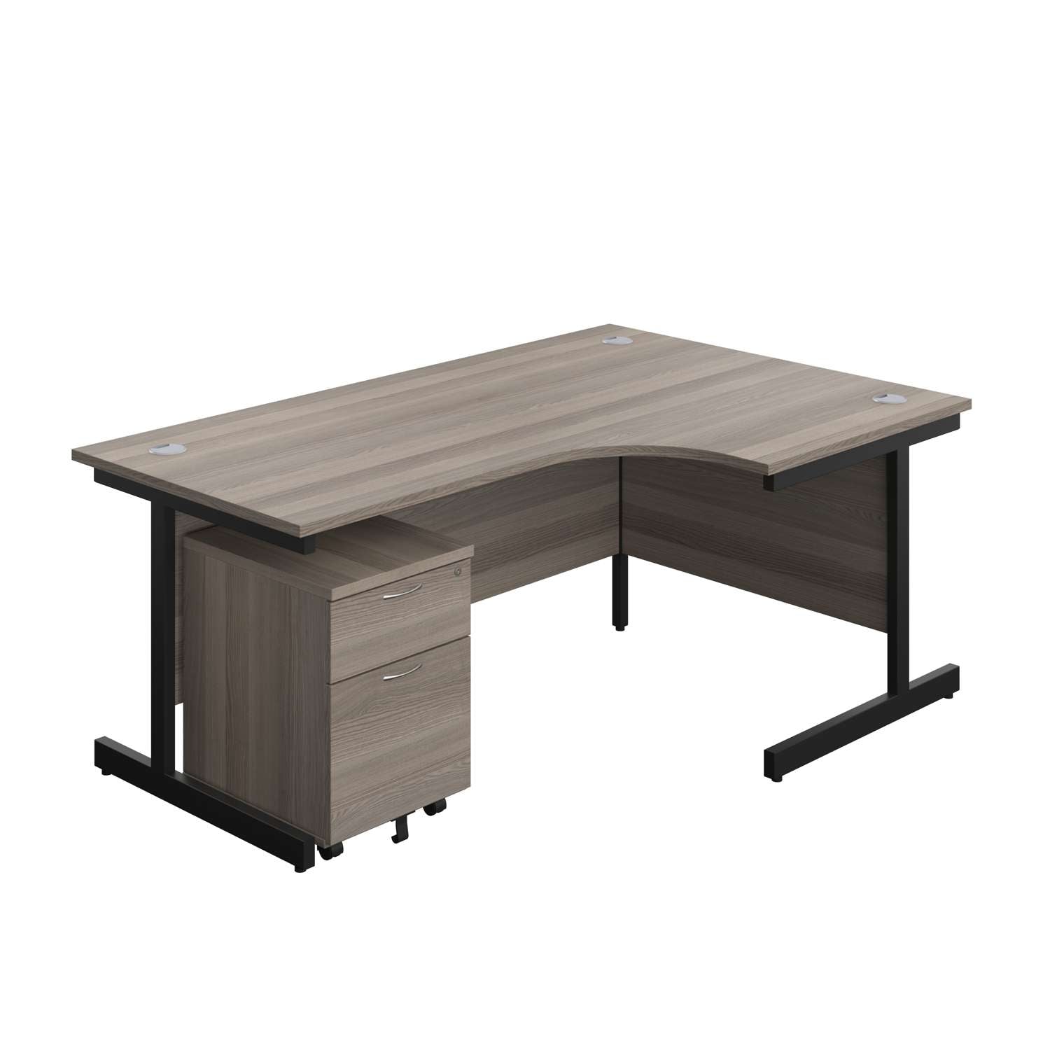 Single Upright Right Hand Radial Desk + Mobile 2 Drawer Pedestal (FSC) | 1800 X 1200 | Grey Oak/Black