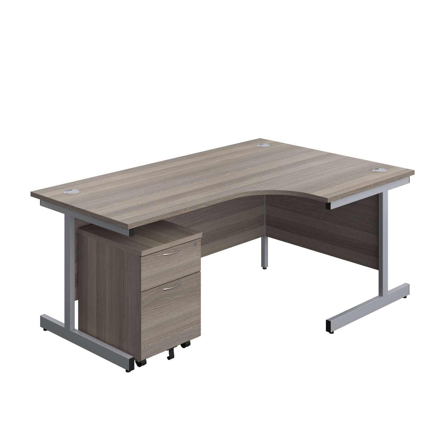 Single Upright Right Hand Radial Desk + Mobile 2 Drawer Pedestal (FSC) | 1800 X 1200 | Grey Oak/Silver