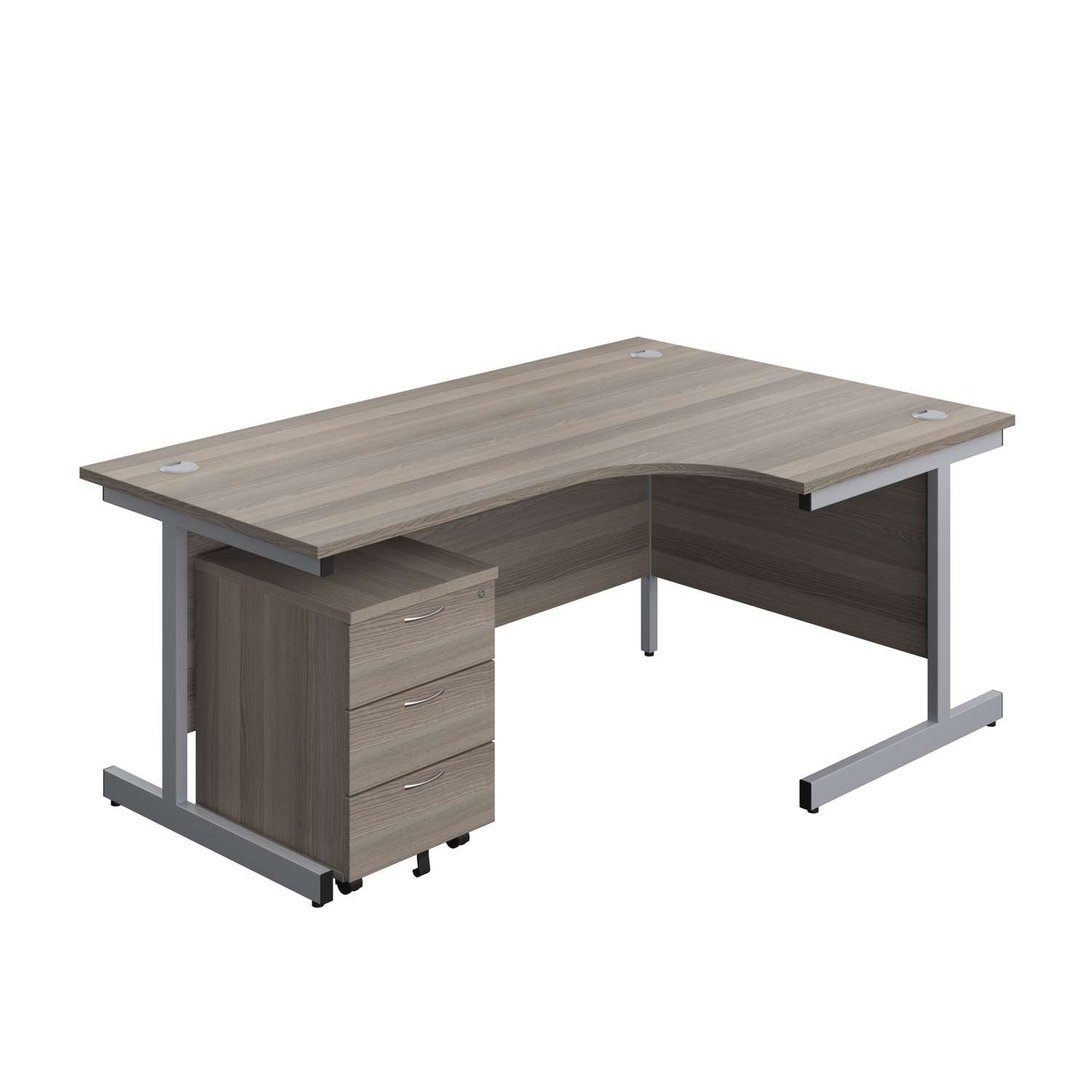 Single Upright Right Hand Radial Desk + Mobile 3 Drawer Pedestal (FSC) | 1800 X 1200 | Grey Oak/Silver