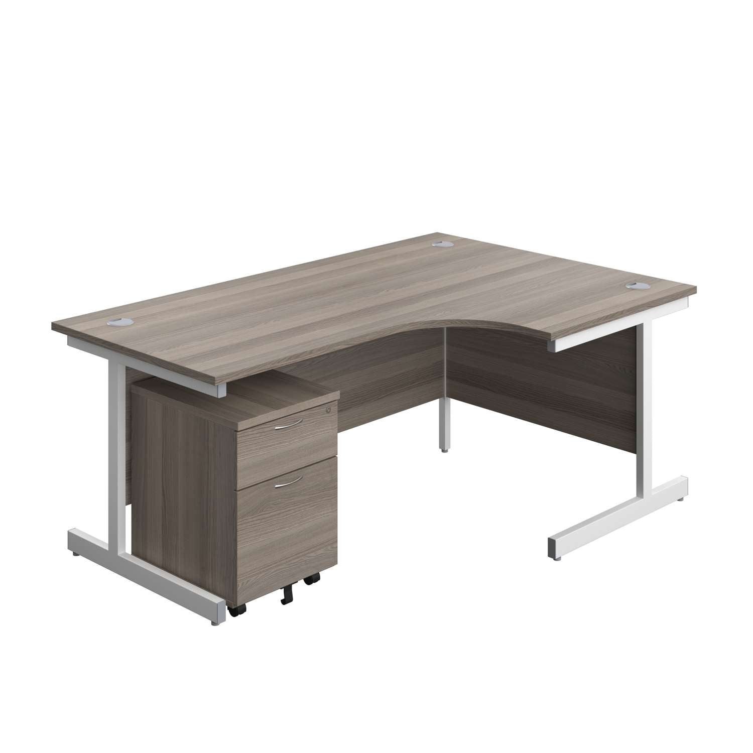 Single Upright Right Hand Radial Desk + Mobile 2 Drawer Pedestal (FSC) | 1800 X 1200 | Grey Oak/White
