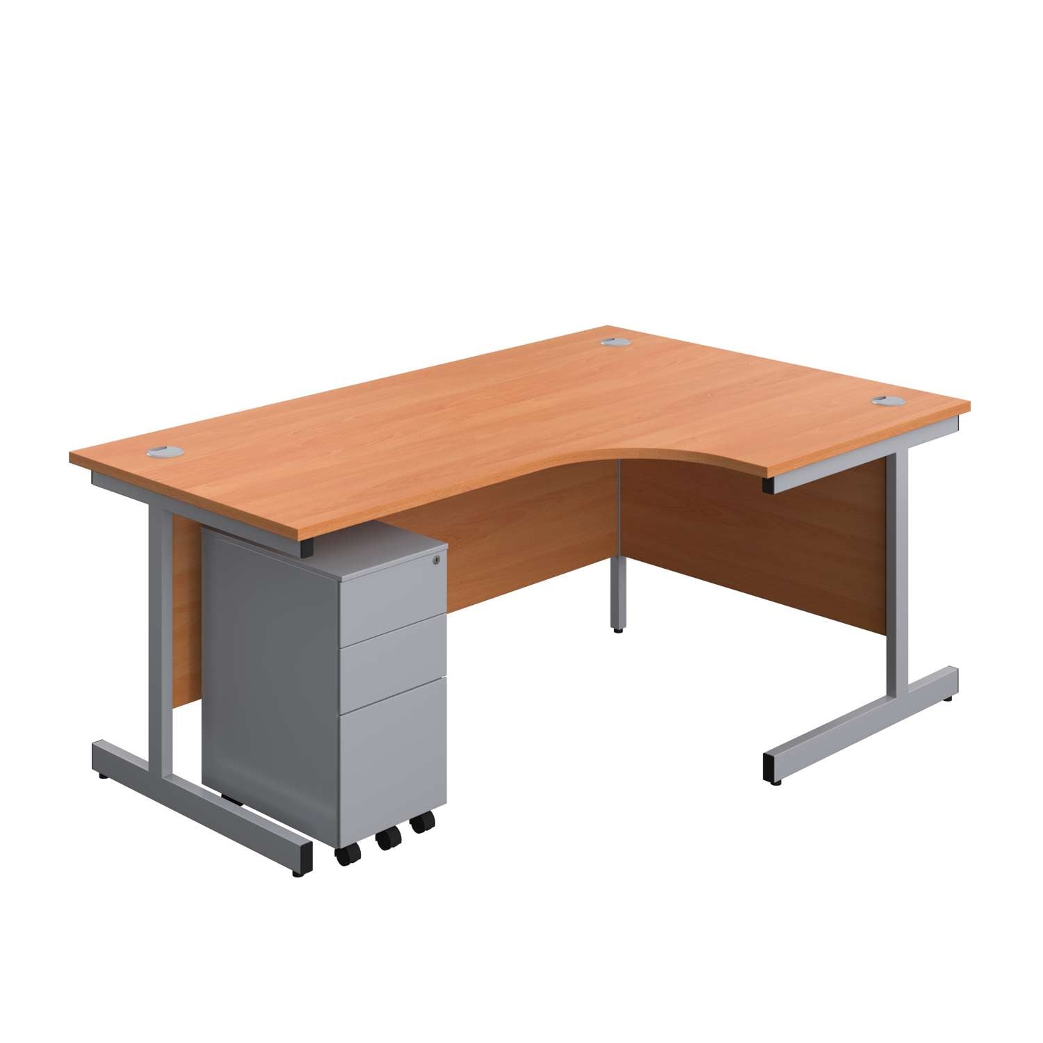 Single Upright Right Hand Radial Desk + Slimline Steel Pedestal 3 Drawers (FSC) | 1800 X 1200 | Beech/Silver