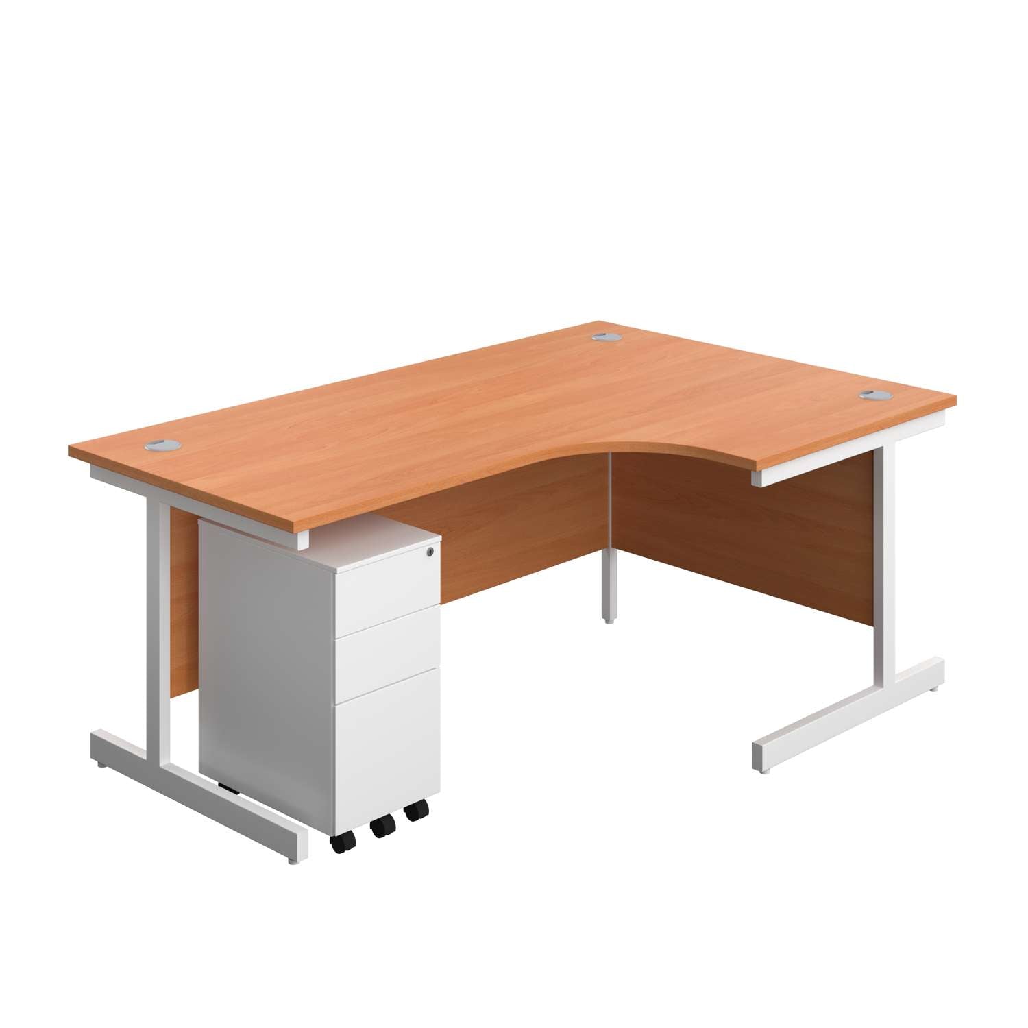Single Upright Right Hand Radial Desk + Slimline Steel Pedestal 3 Drawers (FSC) | 1800 X 1200 | Beech/White