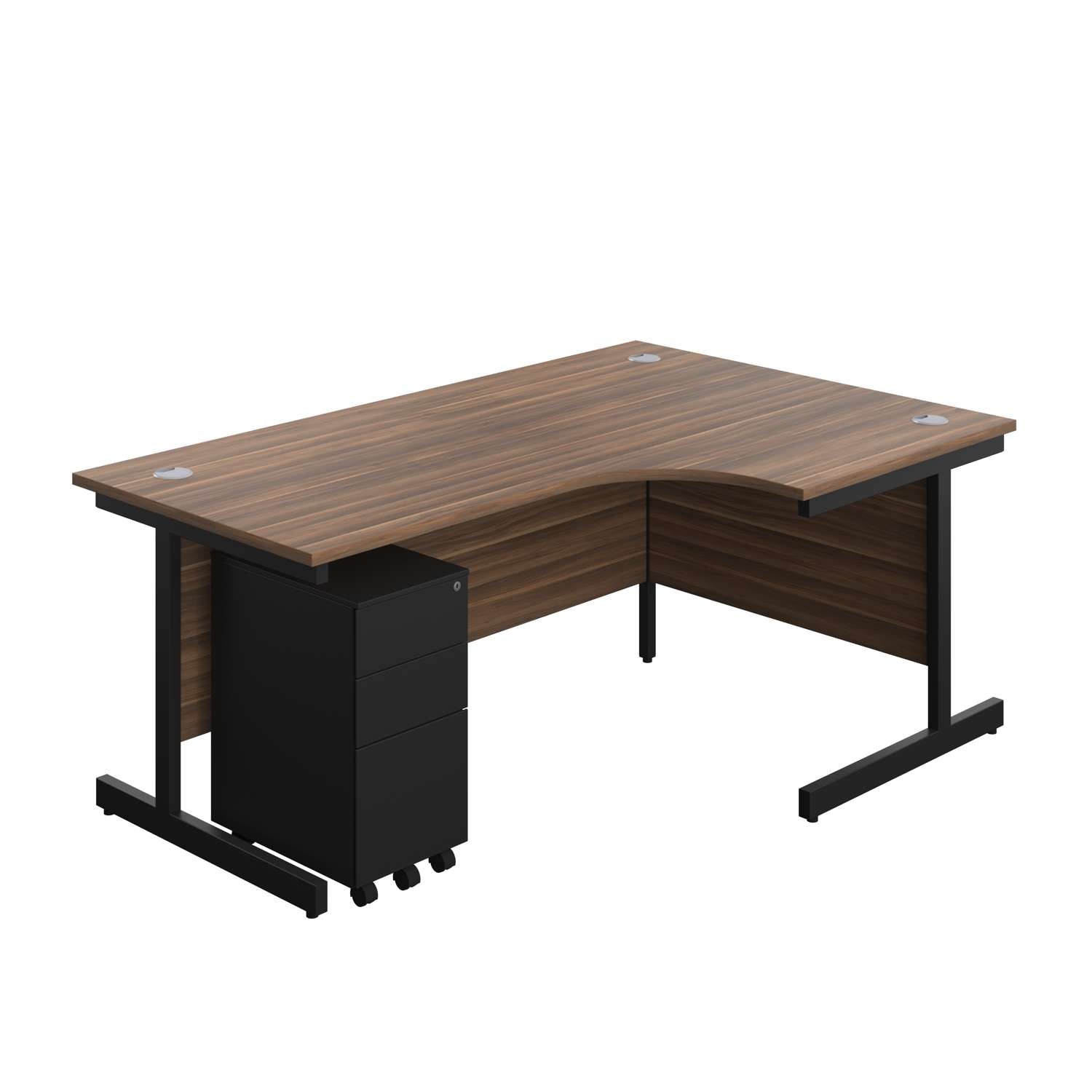 Single Upright Right Hand Radial Desk + Slimline Steel Pedestal 3 Drawers (FSC) | 1800 X 1200 | Dark Walnut/Black