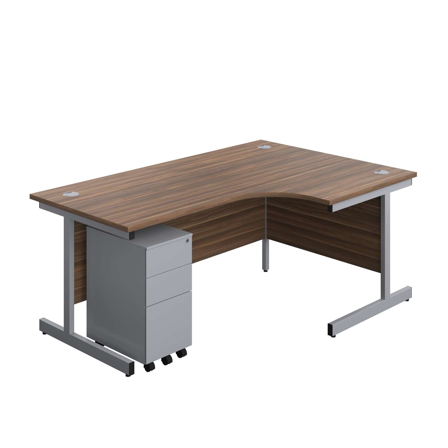 Single Upright Right Hand Radial Desk + Slimline Steel Pedestal 3 Drawers (FSC) | 1800 X 1200 | Dark Walnut/Silver