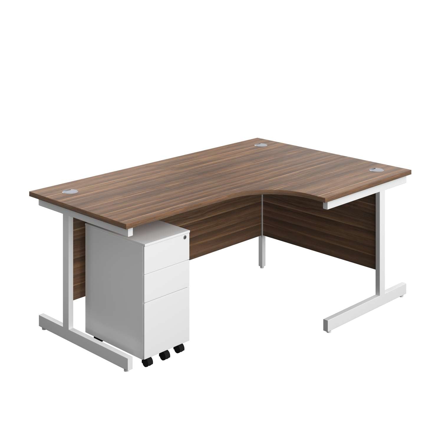 Single Upright Right Hand Radial Desk + Slimline Steel Pedestal 3 Drawers (FSC) | 1800 X 1200 | Dark Walnut/White