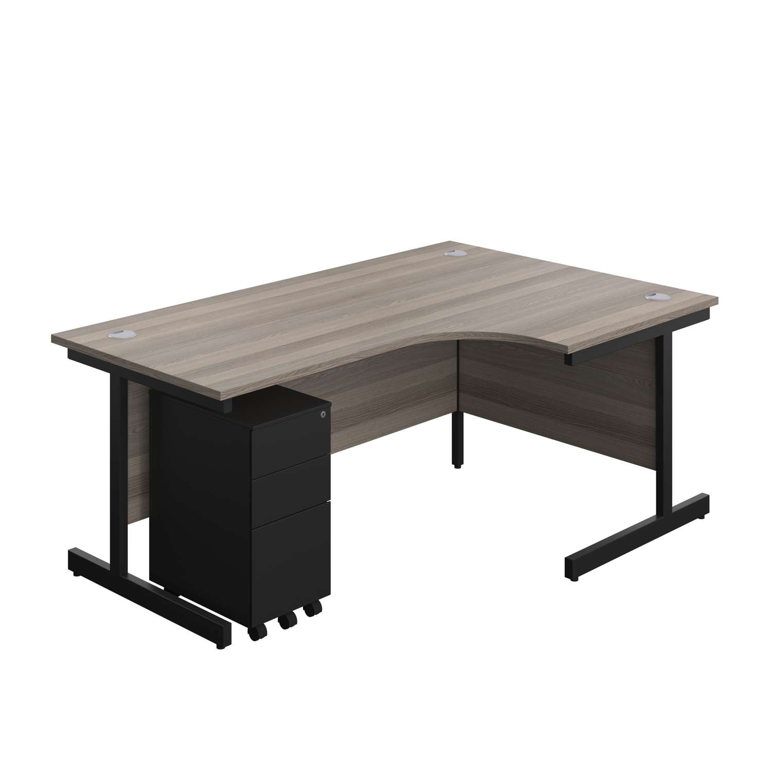 Single Upright Right Hand Radial Desk + Slimline Steel Pedestal 3 Drawers (FSC) | 1800 X 1200 | Grey Oak/Black