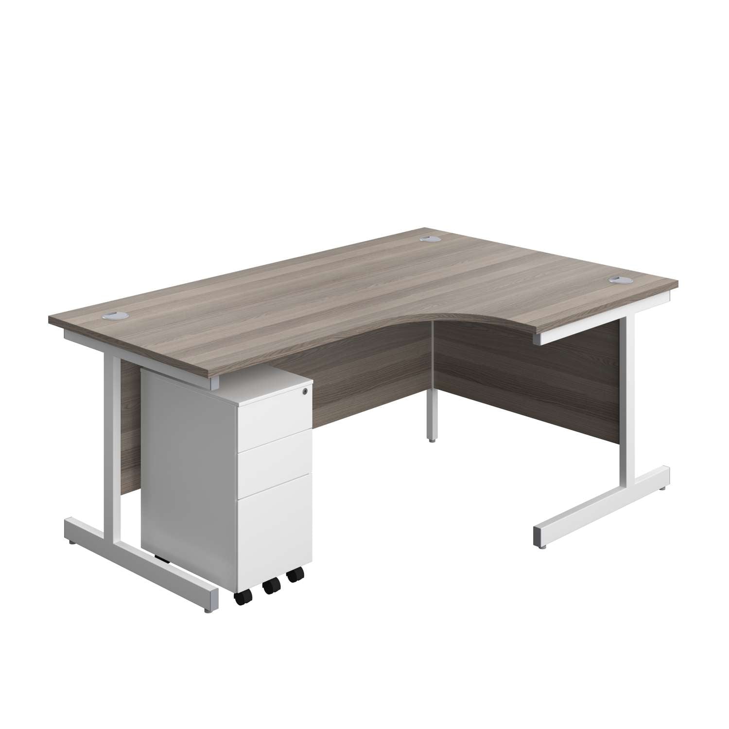 Single Upright Right Hand Radial Desk + Slimline Steel Pedestal 3 Drawers (FSC) | 1800 X 1200 | Grey Oak/White