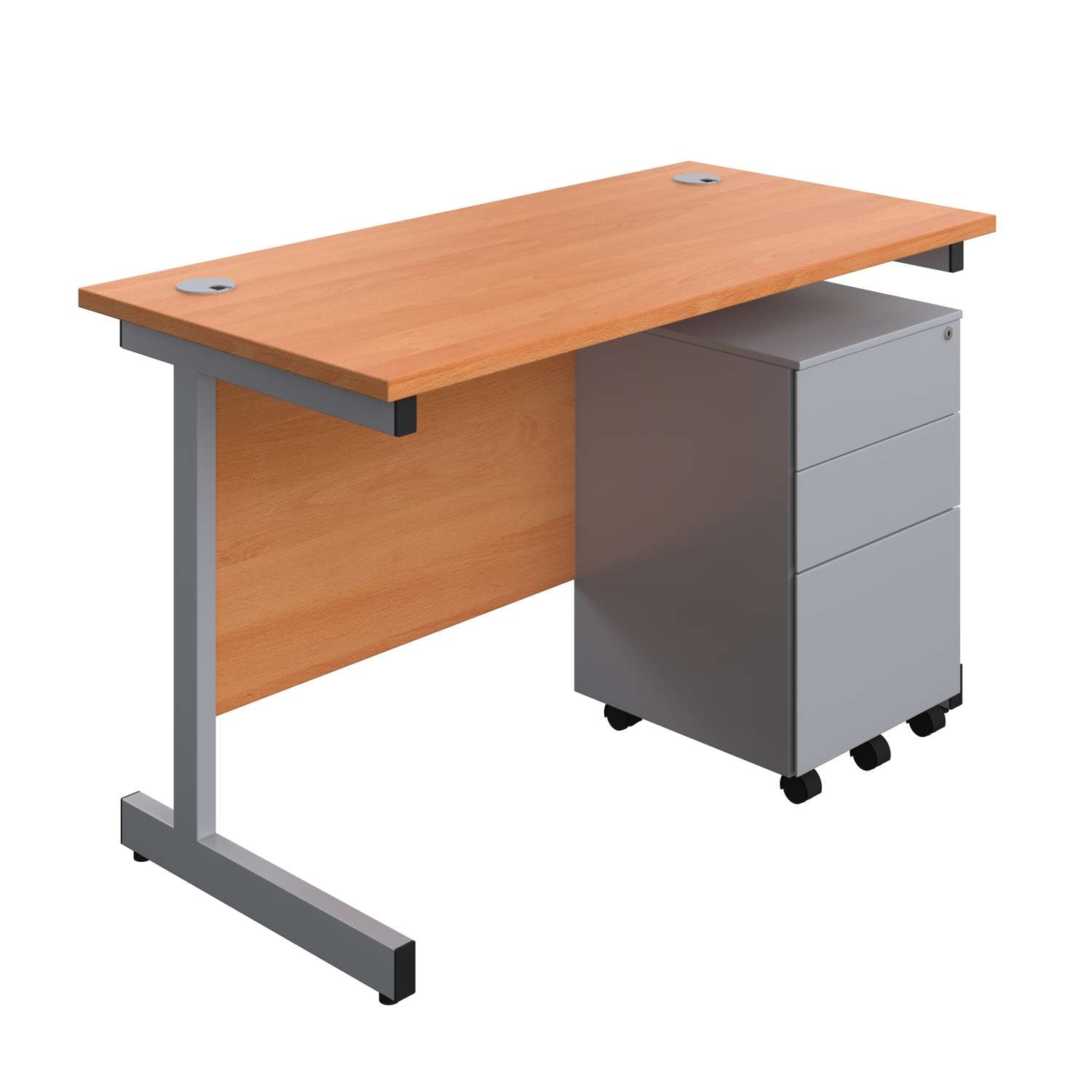 Single Upright Rectangular Desk + Under Desk Steel Pedestal 3 Drawers (FSC) | 1200 X 600 | Beech/Silver