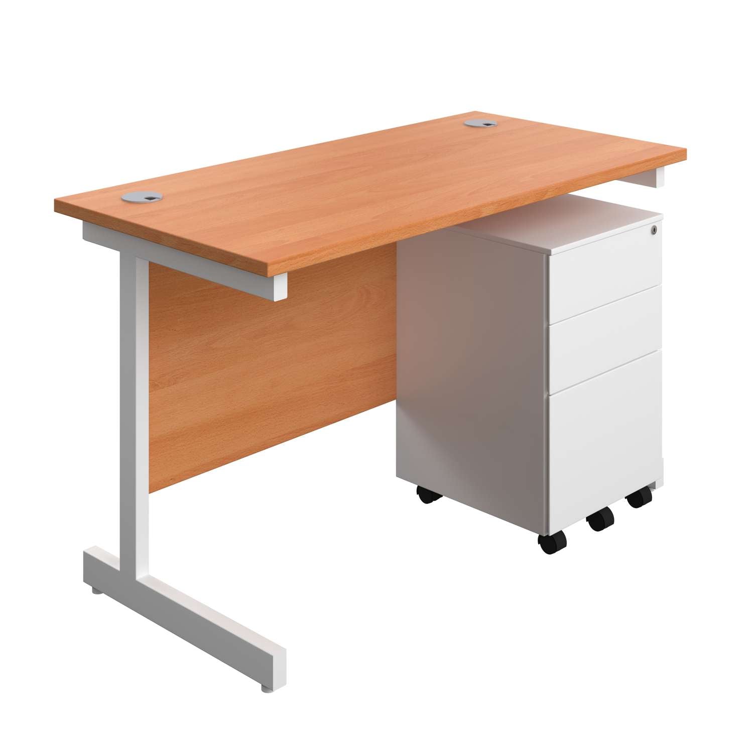 Single Upright Rectangular Desk + Under Desk Steel Pedestal 3 Drawers (FSC) | 1200 X 600 | Beech/White