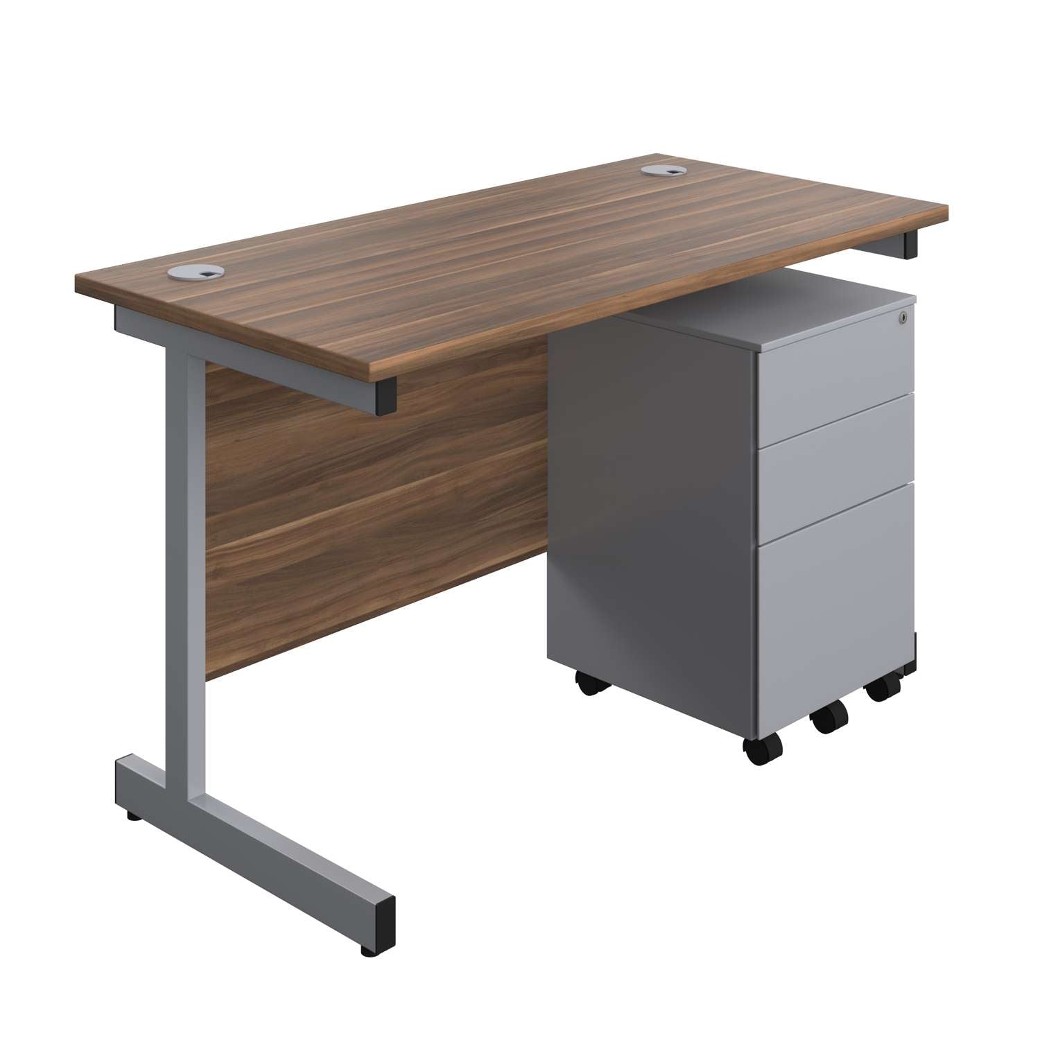Single Upright Rectangular Desk + Under Desk Steel Pedestal 3 Drawers (FSC) | 1200 X 600 | Dark Walnut/Silver
