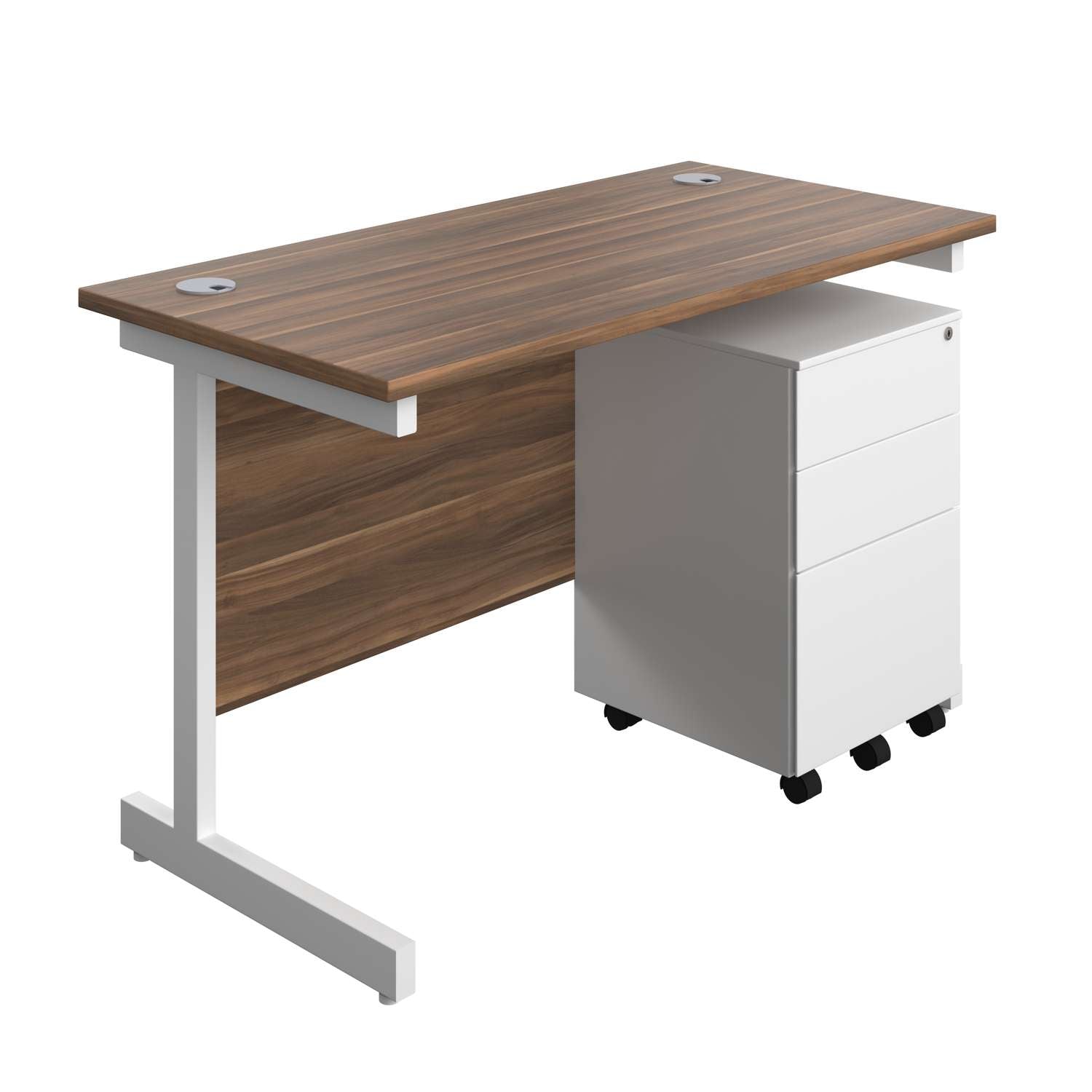 Single Upright Rectangular Desk + Under Desk Steel Pedestal 3 Drawers (FSC) | 1200 X 600 | Dark Walnut/White
