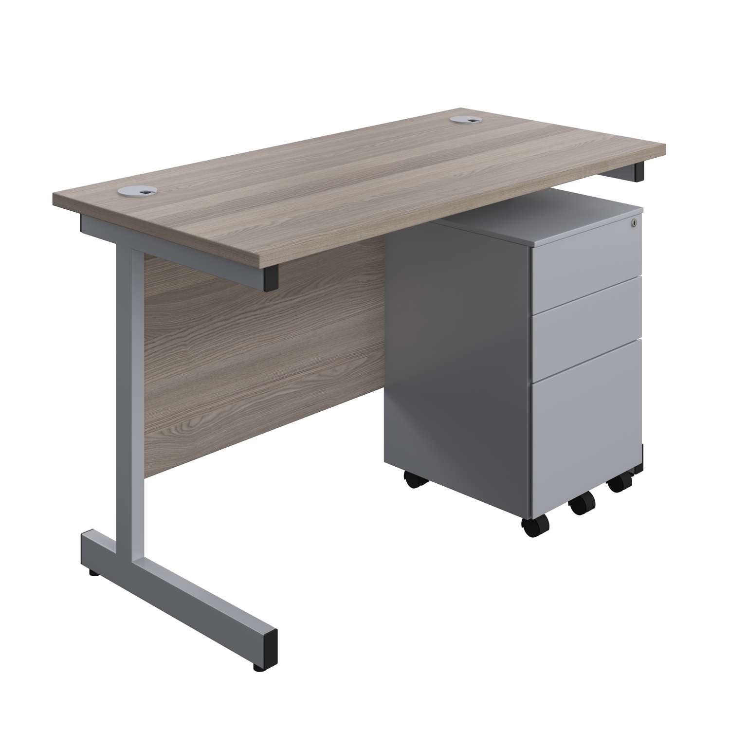 Single Upright Rectangular Desk + Under Desk Steel Pedestal 3 Drawers (FSC) | 1200 X 600 | Grey Oak/Silver