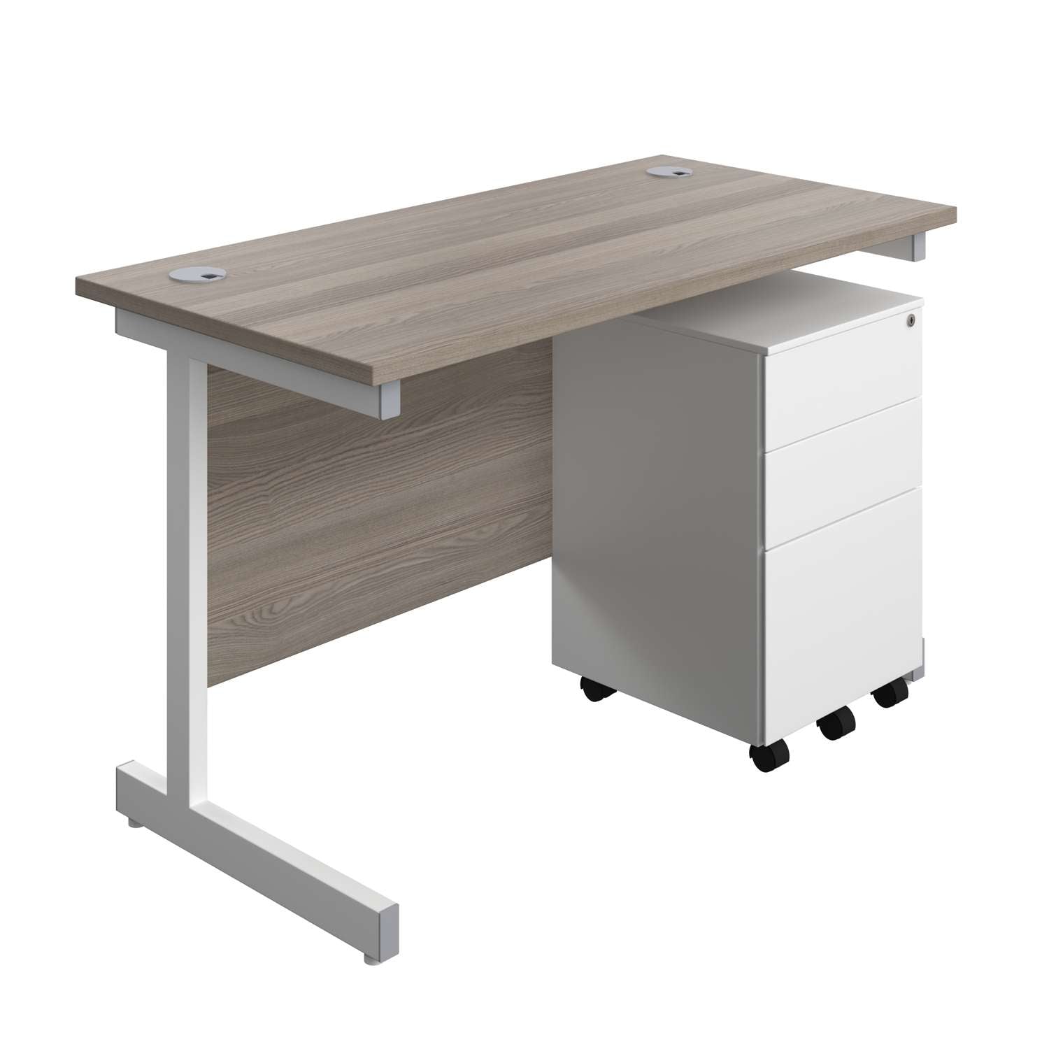Single Upright Rectangular Desk + Under Desk Steel Pedestal 3 Drawers (FSC) | 1200 X 600 | Grey Oak/White