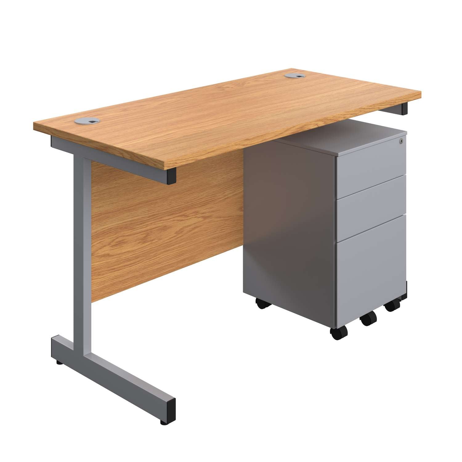 Single Upright Rectangular Desk + Under Desk Steel Pedestal 3 Drawers (FSC) | 1200 X 600 | Nova Oak/Silver