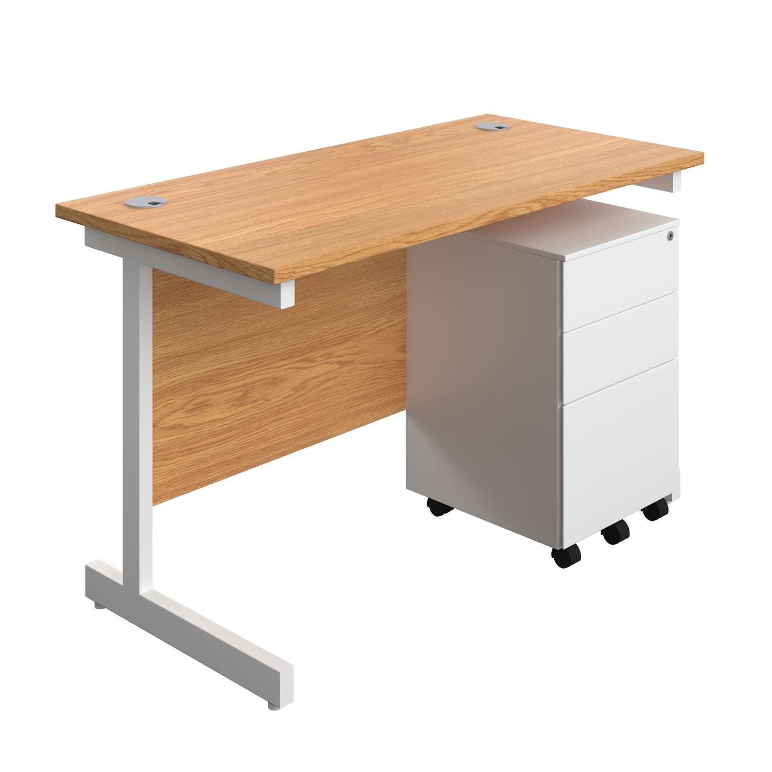 Single Upright Rectangular Desk + Under Desk Steel Pedestal 3 Drawers (FSC) | 1200 X 600 | Nova Oak/White