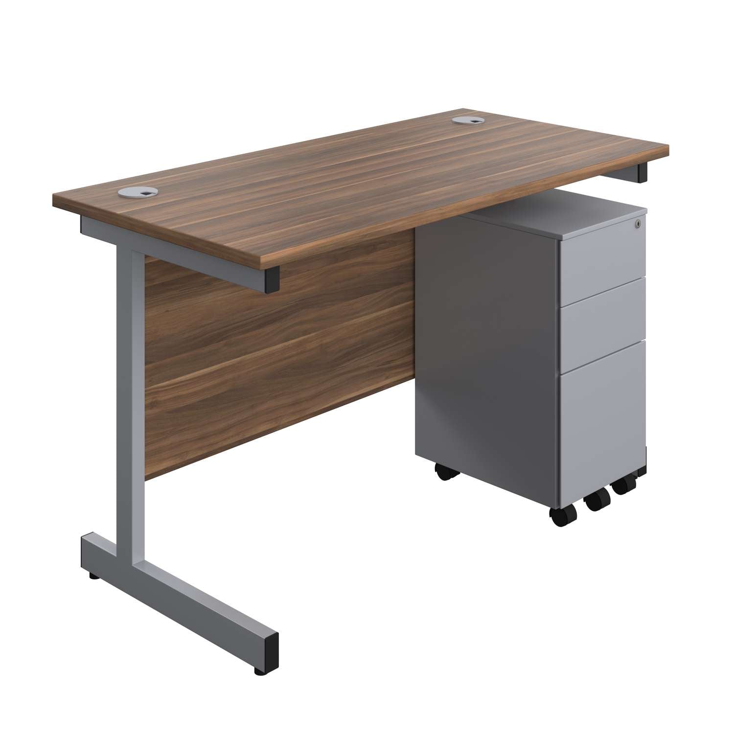 Single Upright Rectangular Desk + Slimline Steel Pedestal 3 Drawers (FSC) | 1200 X 600 | Dark Walnut/Silver