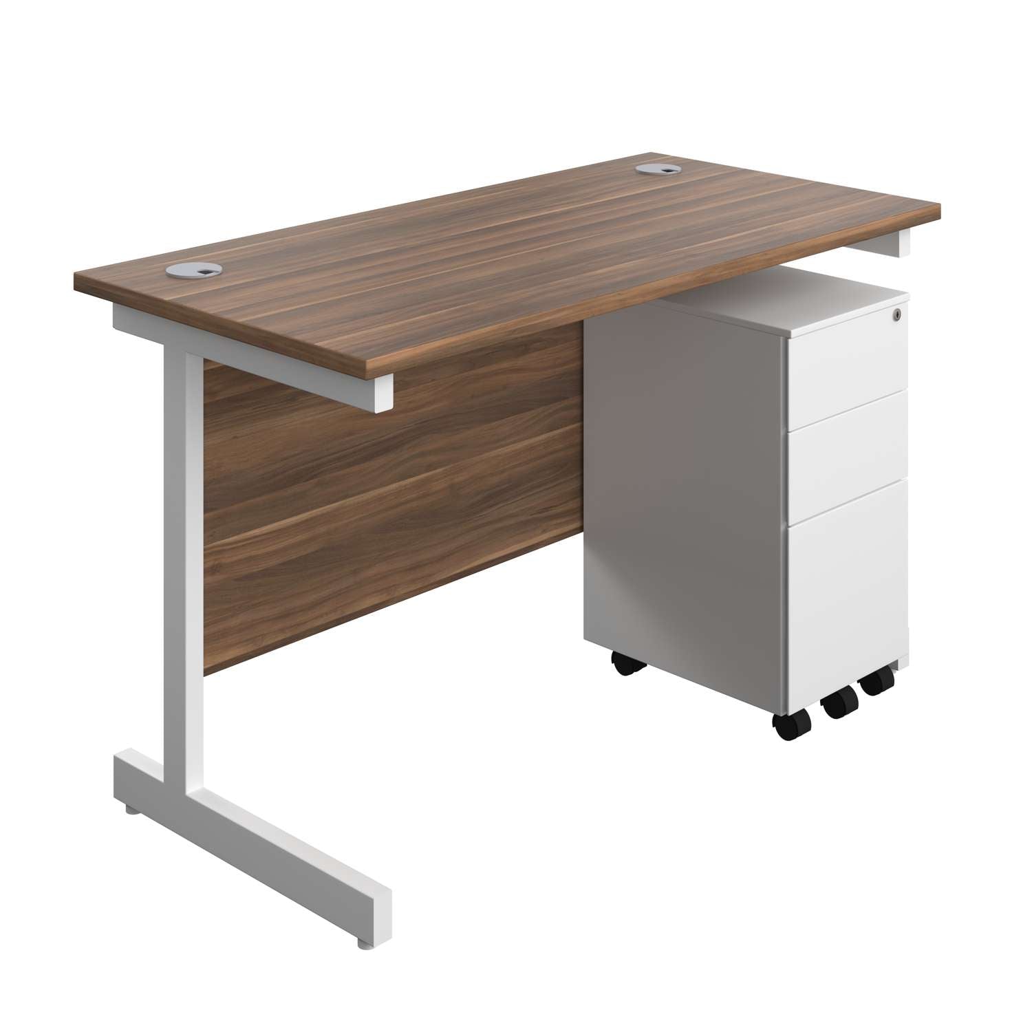 Single Upright Rectangular Desk + Slimline Steel Pedestal 3 Drawers (FSC) | 1200 X 600 | Dark Walnut/White