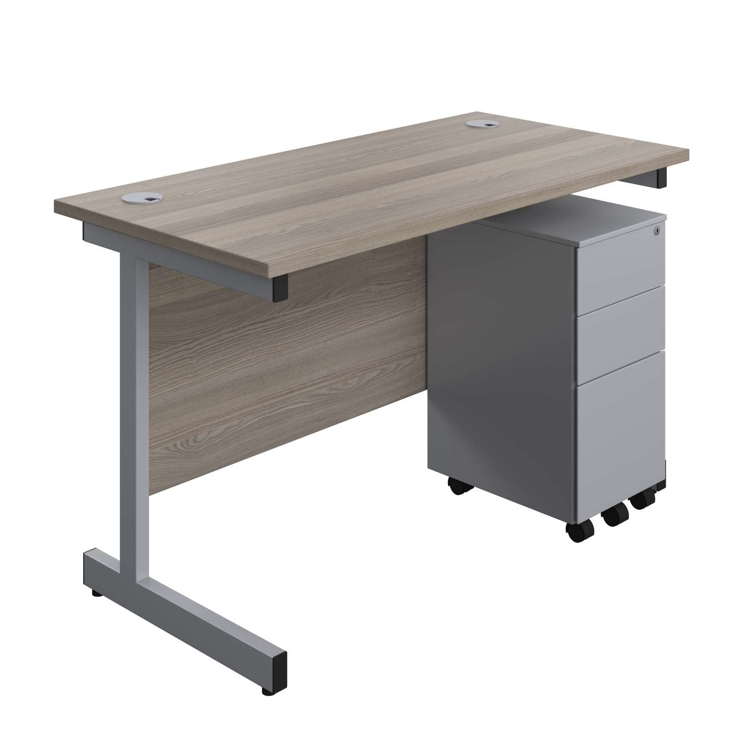 Single Upright Rectangular Desk + Slimline Steel Pedestal 3 Drawers (FSC) | 1200 X 600 | Grey Oak/Silver