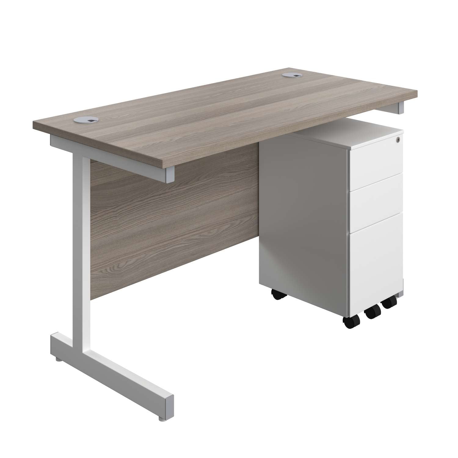 Single Upright Rectangular Desk + Slimline Steel Pedestal 3 Drawers (FSC) | 1200 X 600 | Grey Oak/White