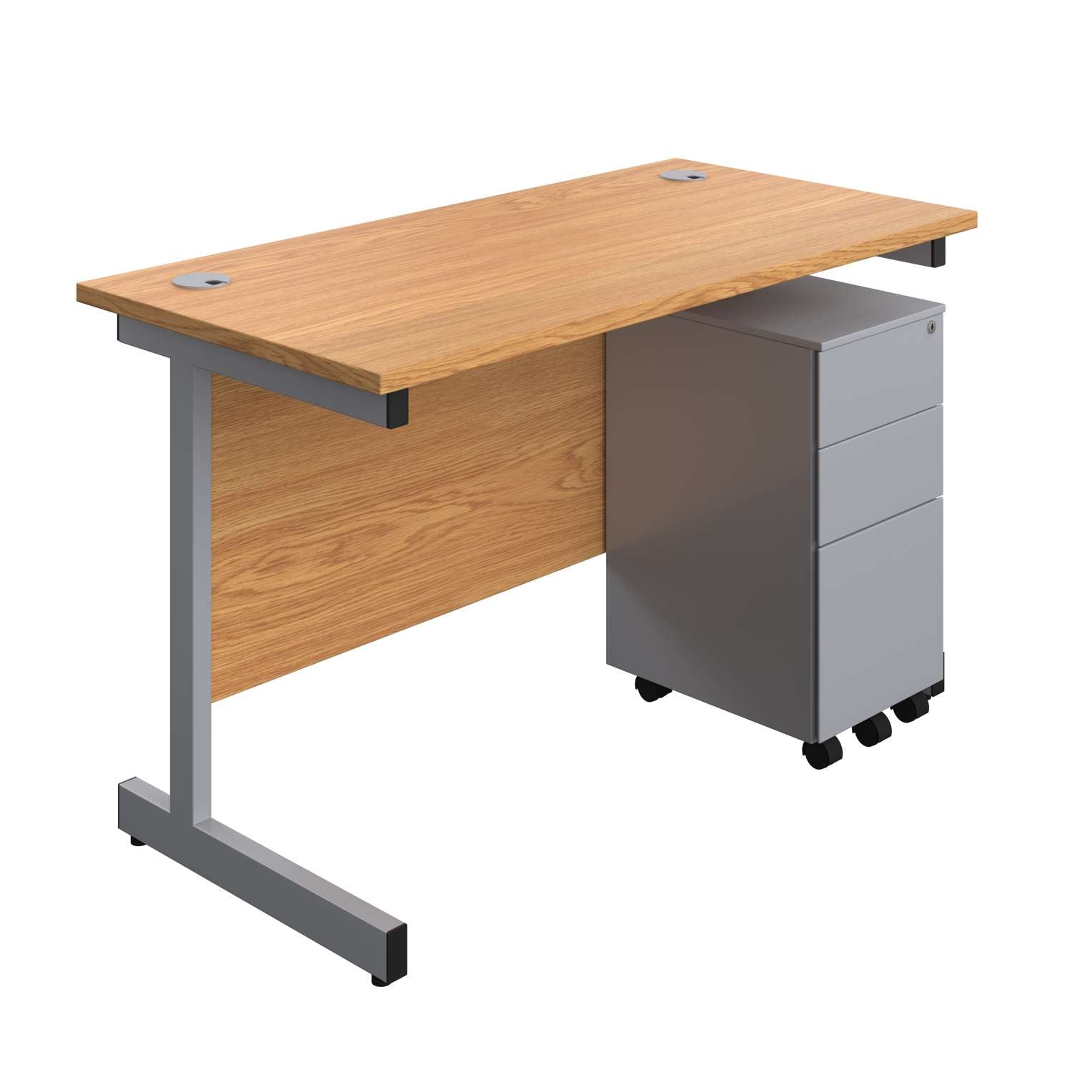 Single Upright Rectangular Desk + Slimline Steel Pedestal 3 Drawers (FSC) | 1200 X 600 | Nova Oak/Silver