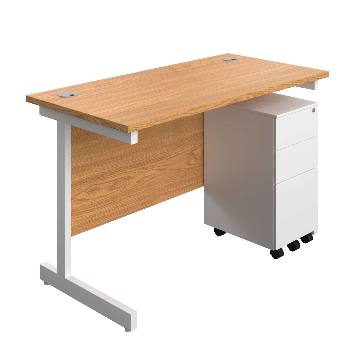 Single Upright Rectangular Desk + Slimline Steel Pedestal 3 Drawers (FSC) | 1200 X 600 | Nova Oak/White