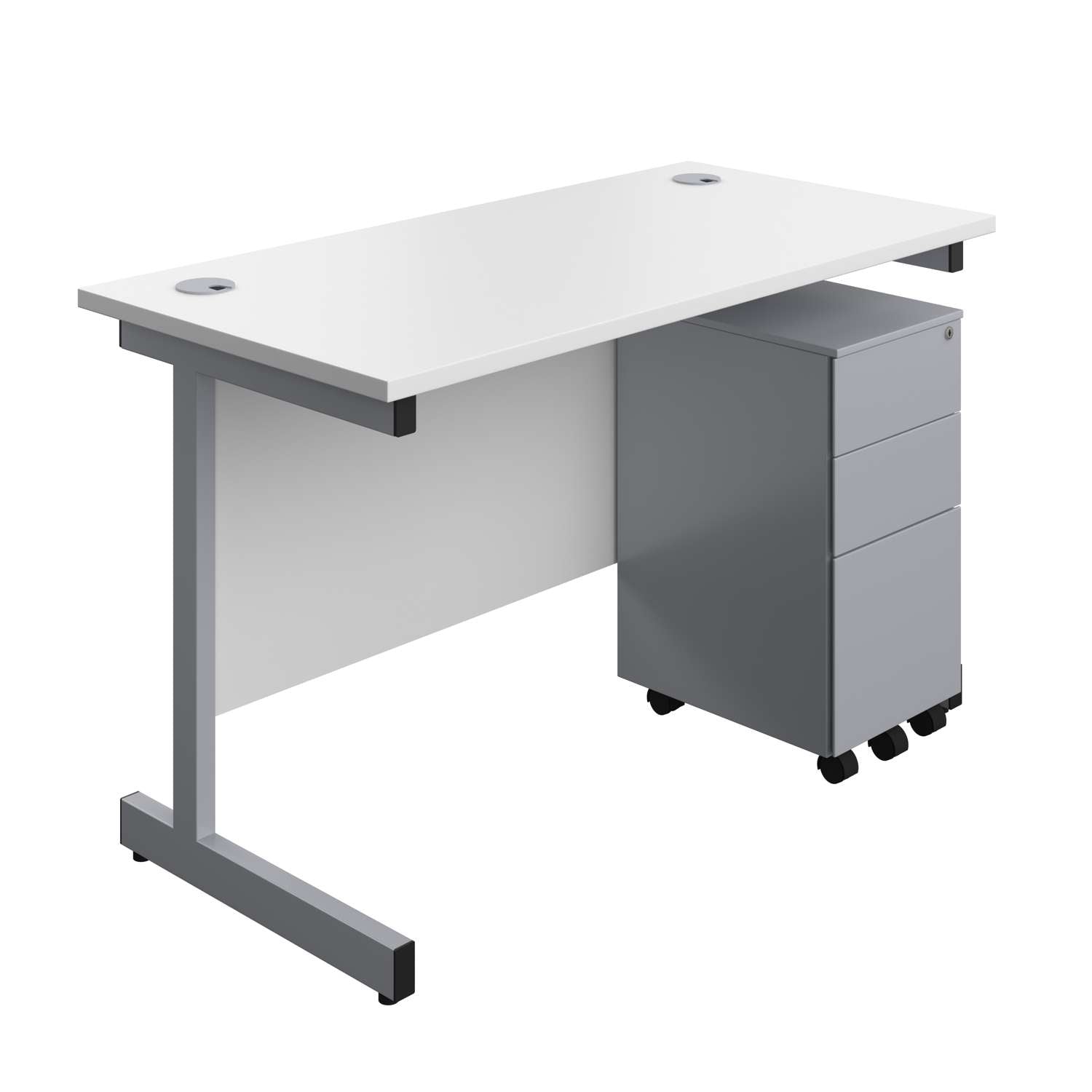 Single Upright Rectangular Desk + Slimline Steel Pedestal 3 Drawers (FSC) | 1200 X 600 | White/Silver
