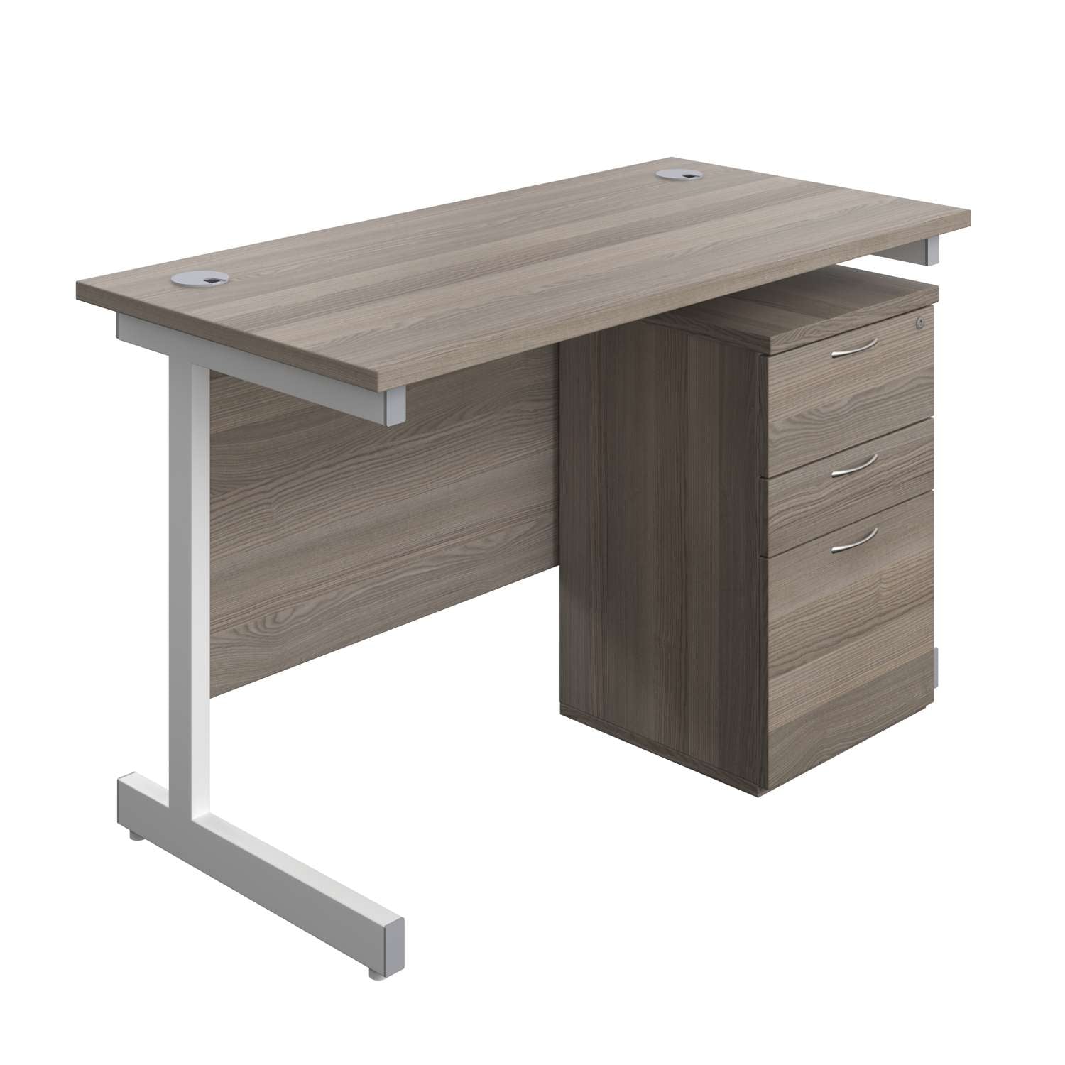 Single Upright Rectangular Desk + High Mobile Pedestal 3 Drawer (FSC) | 1200 X 600 | Grey Oak/White
