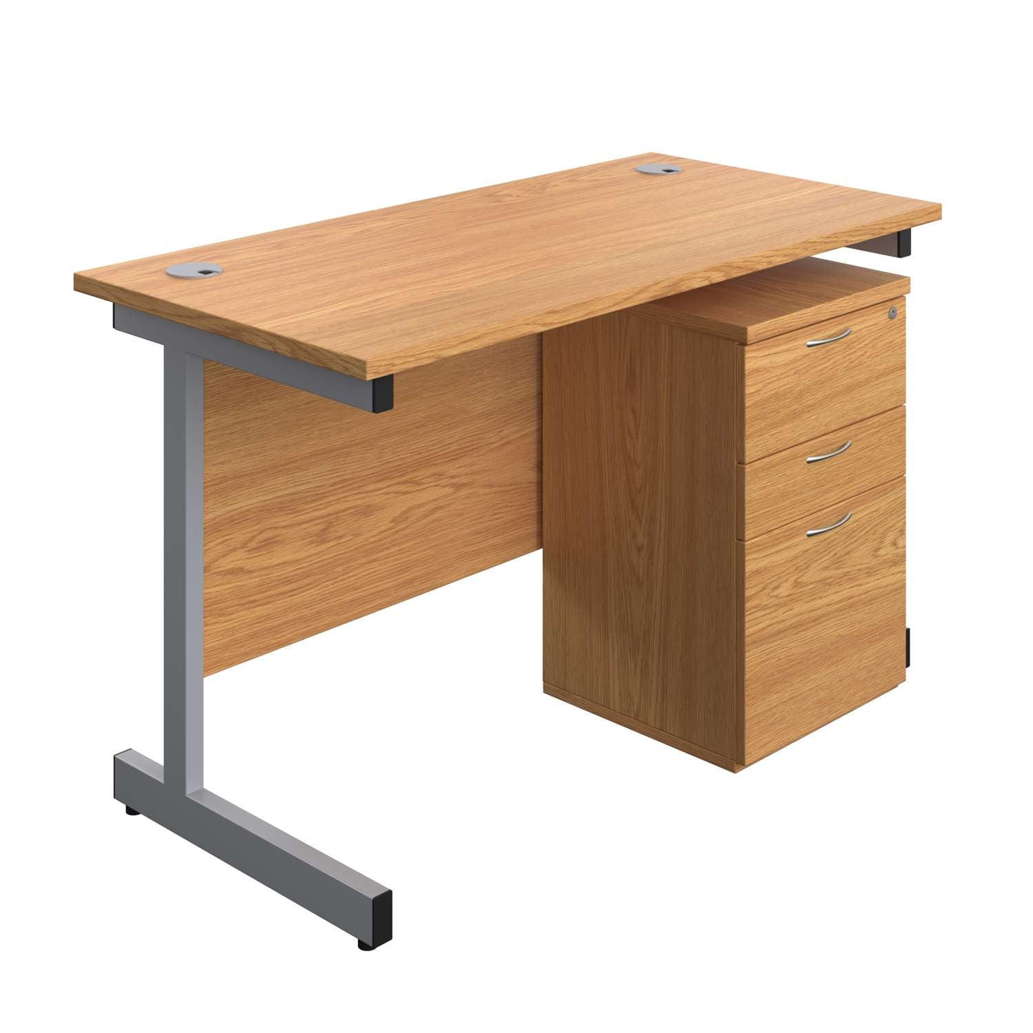 Single Upright Rectangular Desk + High Mobile Pedestal 3 Drawer (FSC) | 1200 X 600 | Nova Oak/Silver