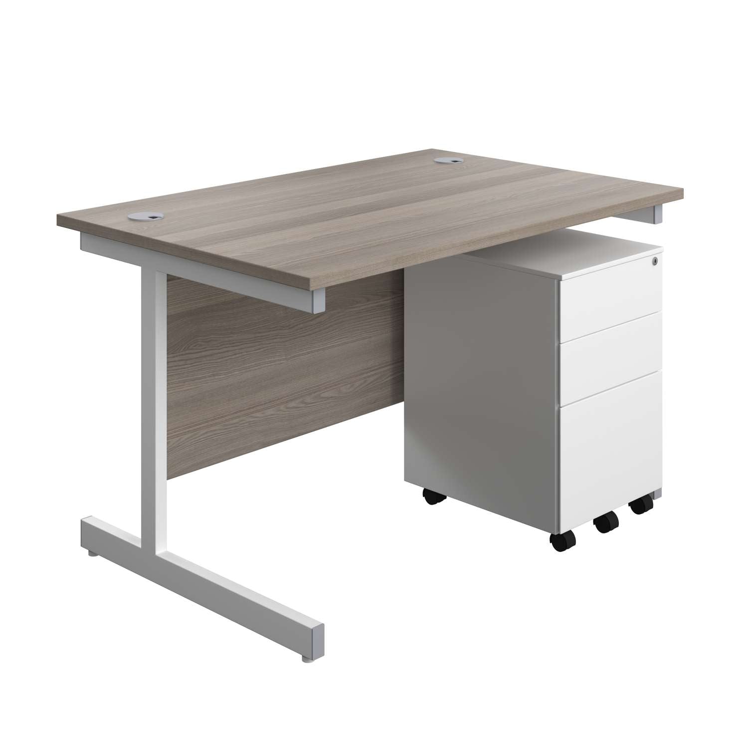 Single Upright Rectangular Desk + Under Desk Steel Pedestal 3 Drawers (FSC) | 1200 X 800 | Grey Oak/White