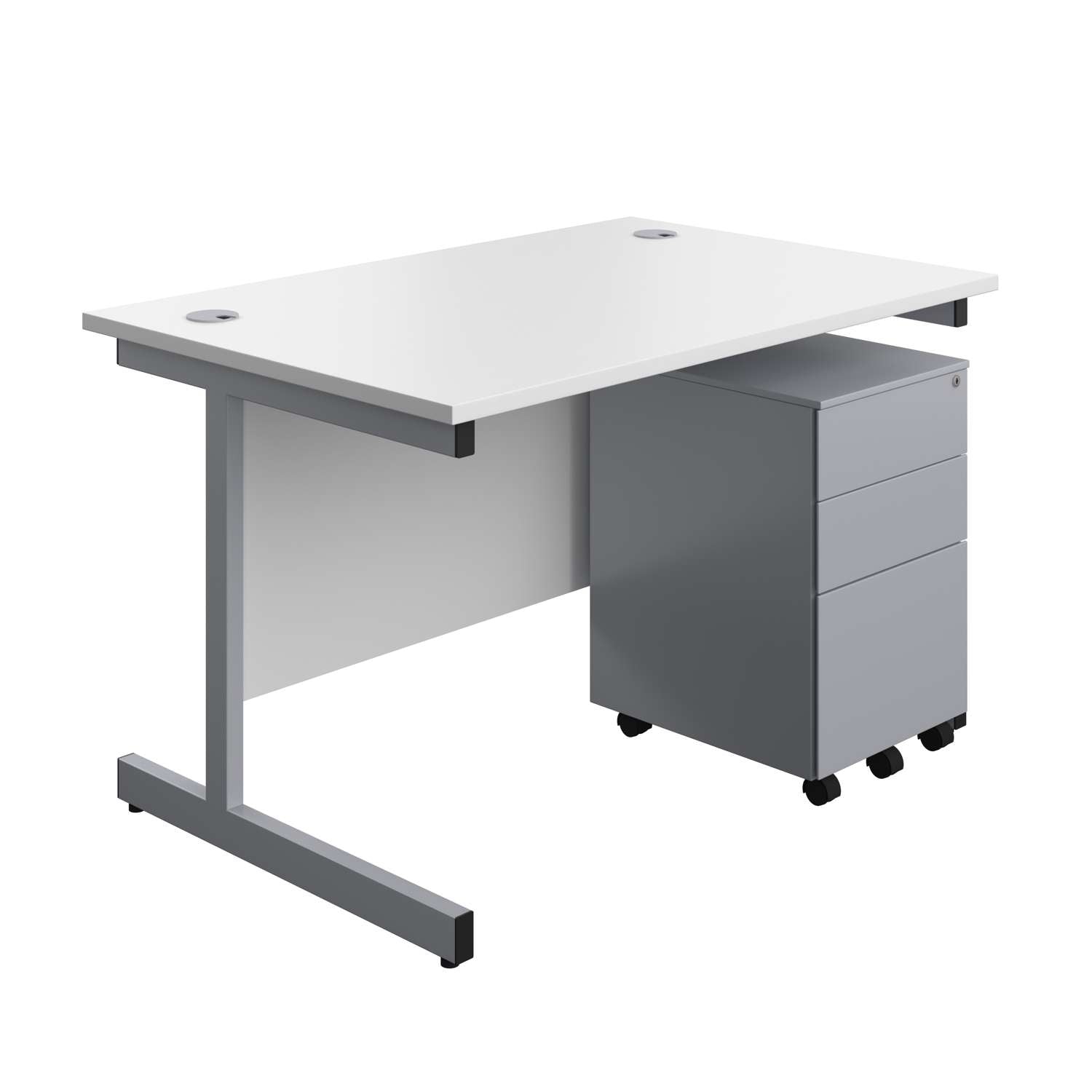 Single Upright Rectangular Desk + Under Desk Steel Pedestal 3 Drawers (FSC) | 1200 X 800 | White/Silver
