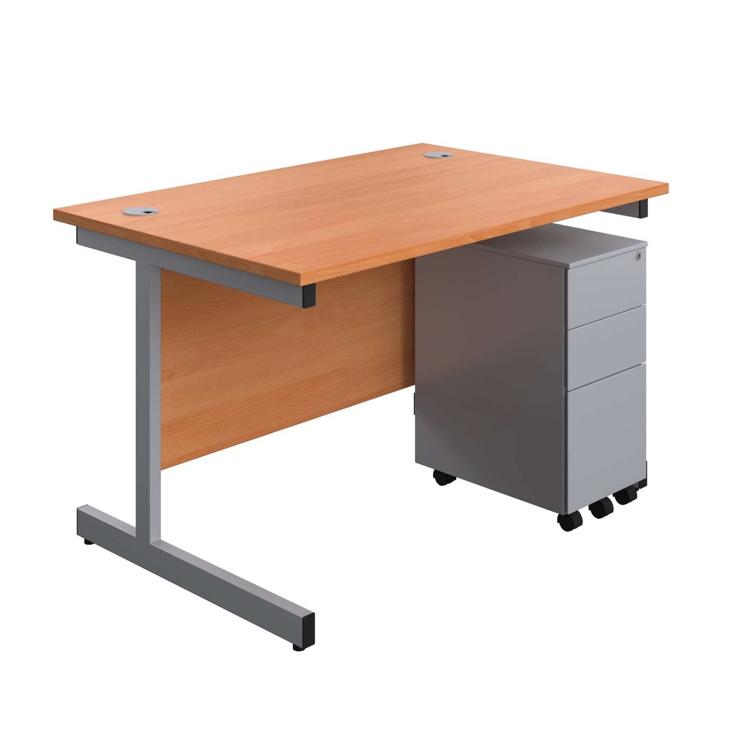 Single Upright Rectangular Desk + Slimline Steel Pedestal 3 Drawers (FSC) | 1200 X 800 | Beech/Silver